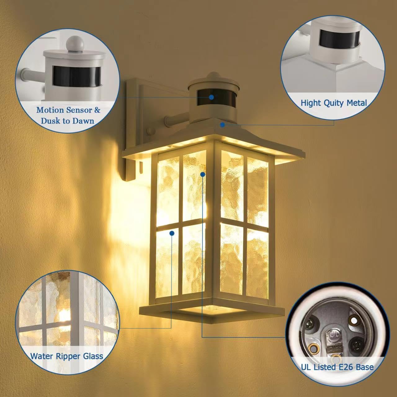 FLEDAVID Motion Sensor Porch Lights, 2 Pack Waterproof Wall Lanterns, White Exterior Sconce for Patio & Front Door