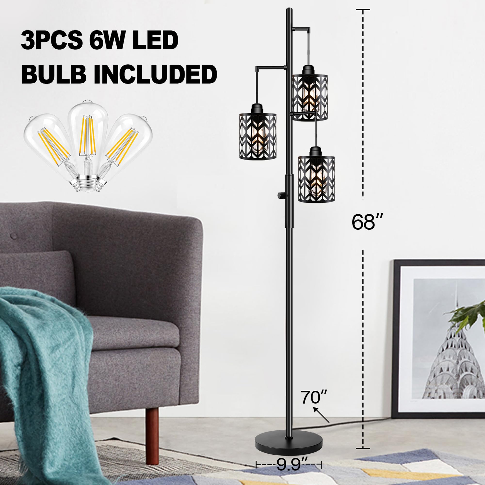 ROTTOGOON Dimmable Floor Lamp, Industrial Metal Design, 68in Tall, Black, Model RODLLDD24314 with 3 LED Bulbs
