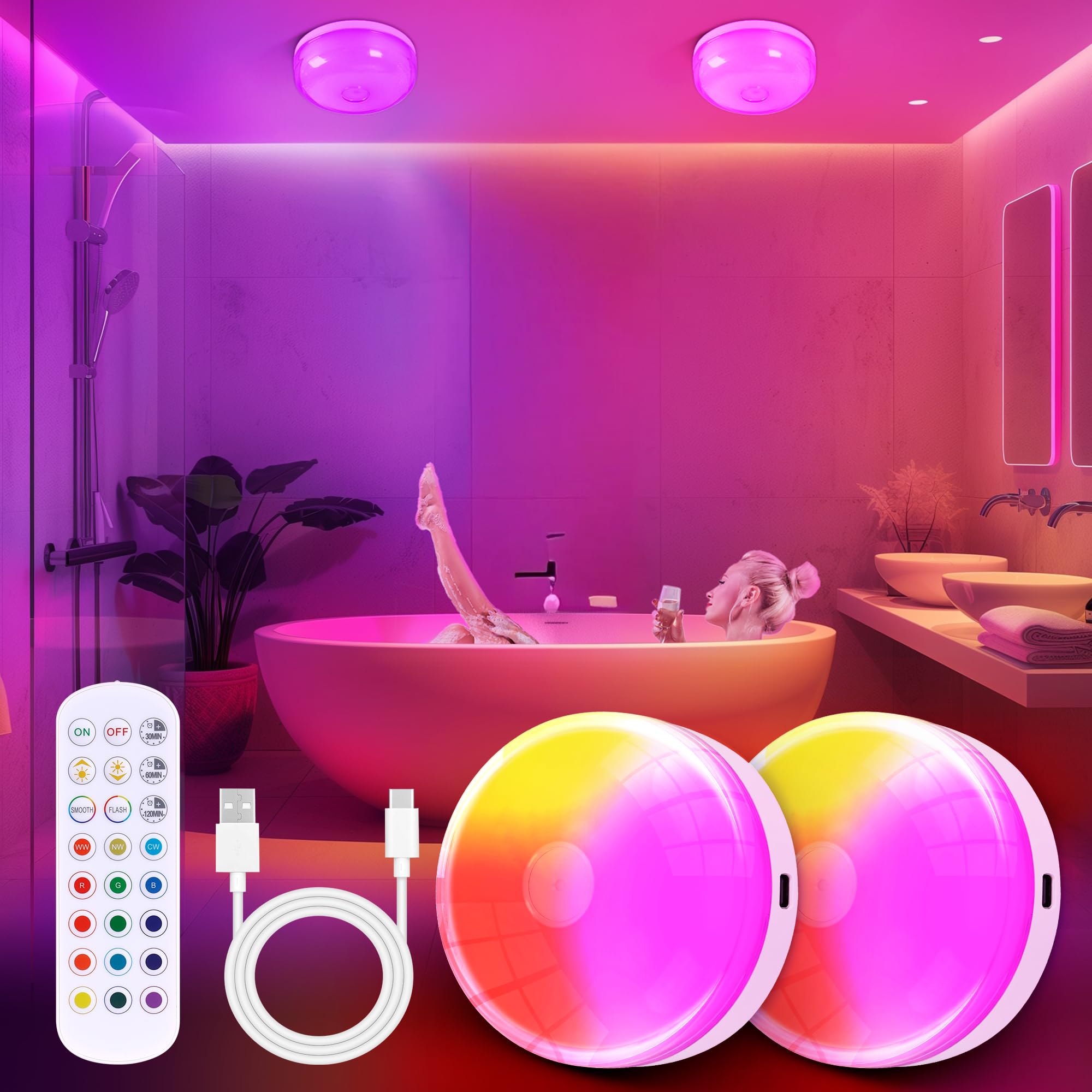 2-Pack Rechargeable Shower Light No Wiring  15 RGBW Color Changeable Waterproof Lights for Shower with Remote(Dimmable&Timer)  LED Light for Inside Shower  Wireless Mood Lighting for Bathroom  White