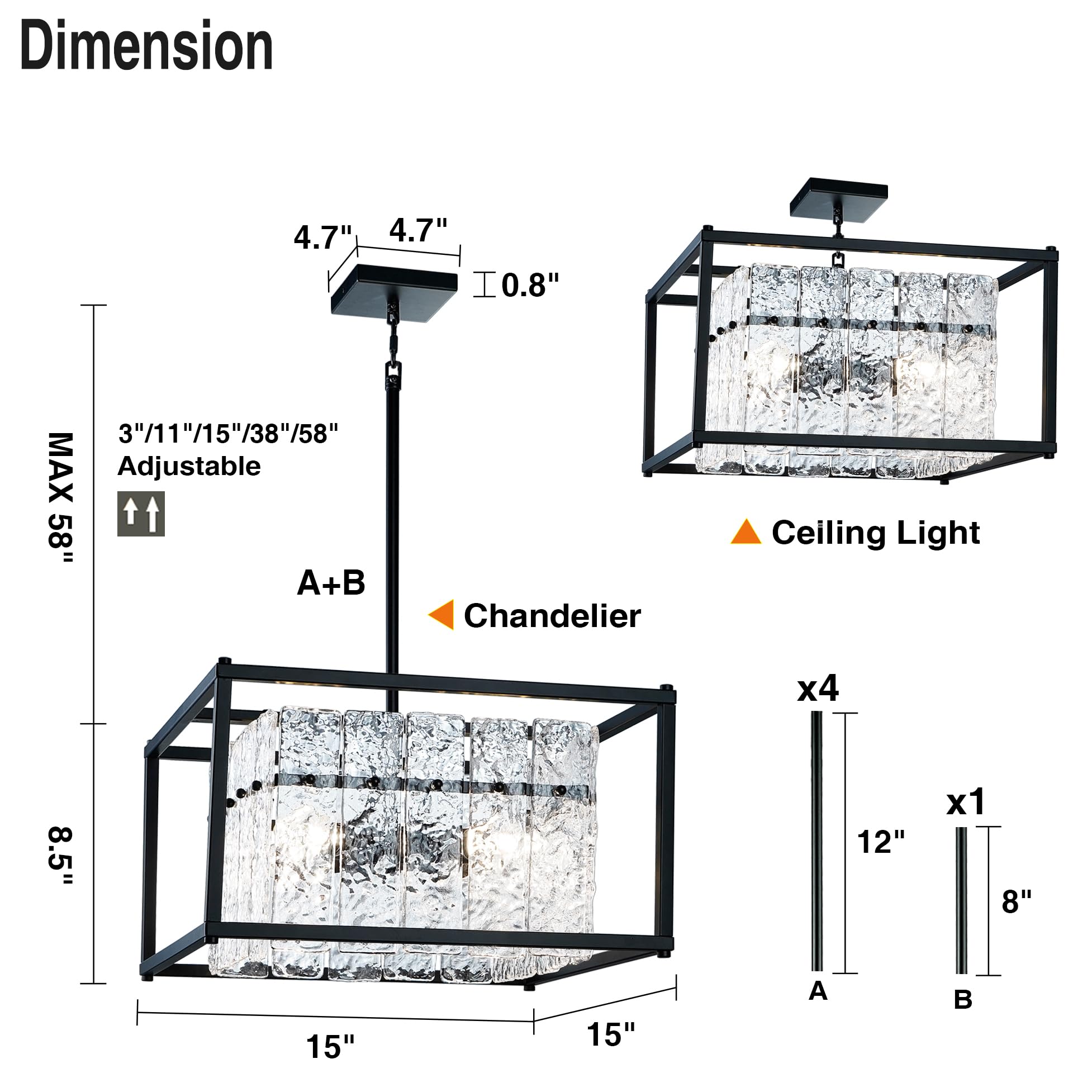 Modern Foyer Chandelier, Black Crystal Chandelier For Dining Room, Square Entryway Light Fixture Hanging, Easily Adjustable Heig