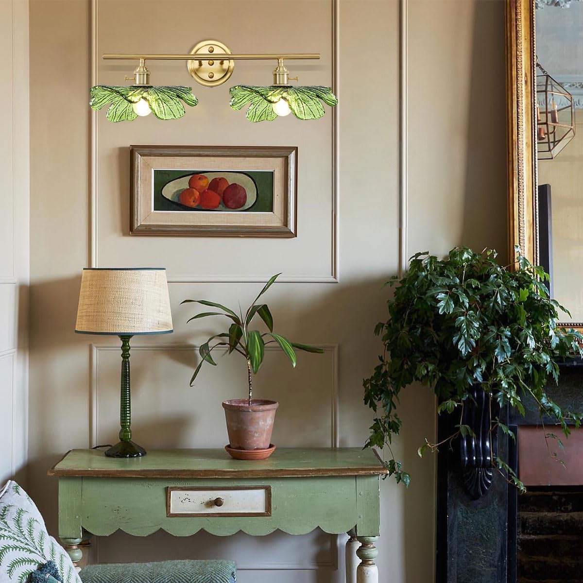 Auwieou Vintage Wall Sconce - 2 Light Bathroom Fixture, Green Glass Shade, Metal, Model Auwi0065
