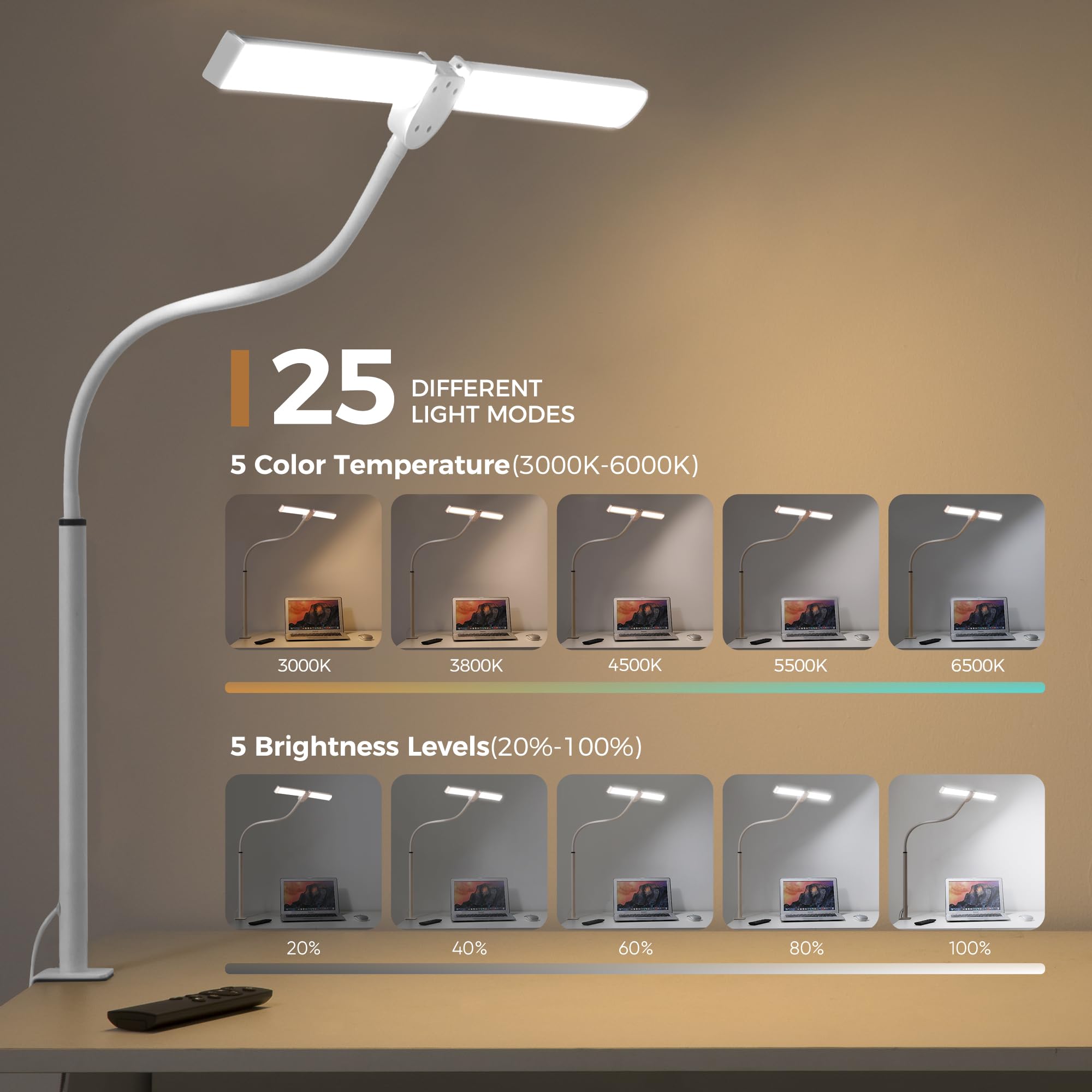 Led Desk Lamp For Home Office, Eye-Care Architect Light With Clamp, Smart Double Head Computer Monitor Table Clip Lamp, Adjustab