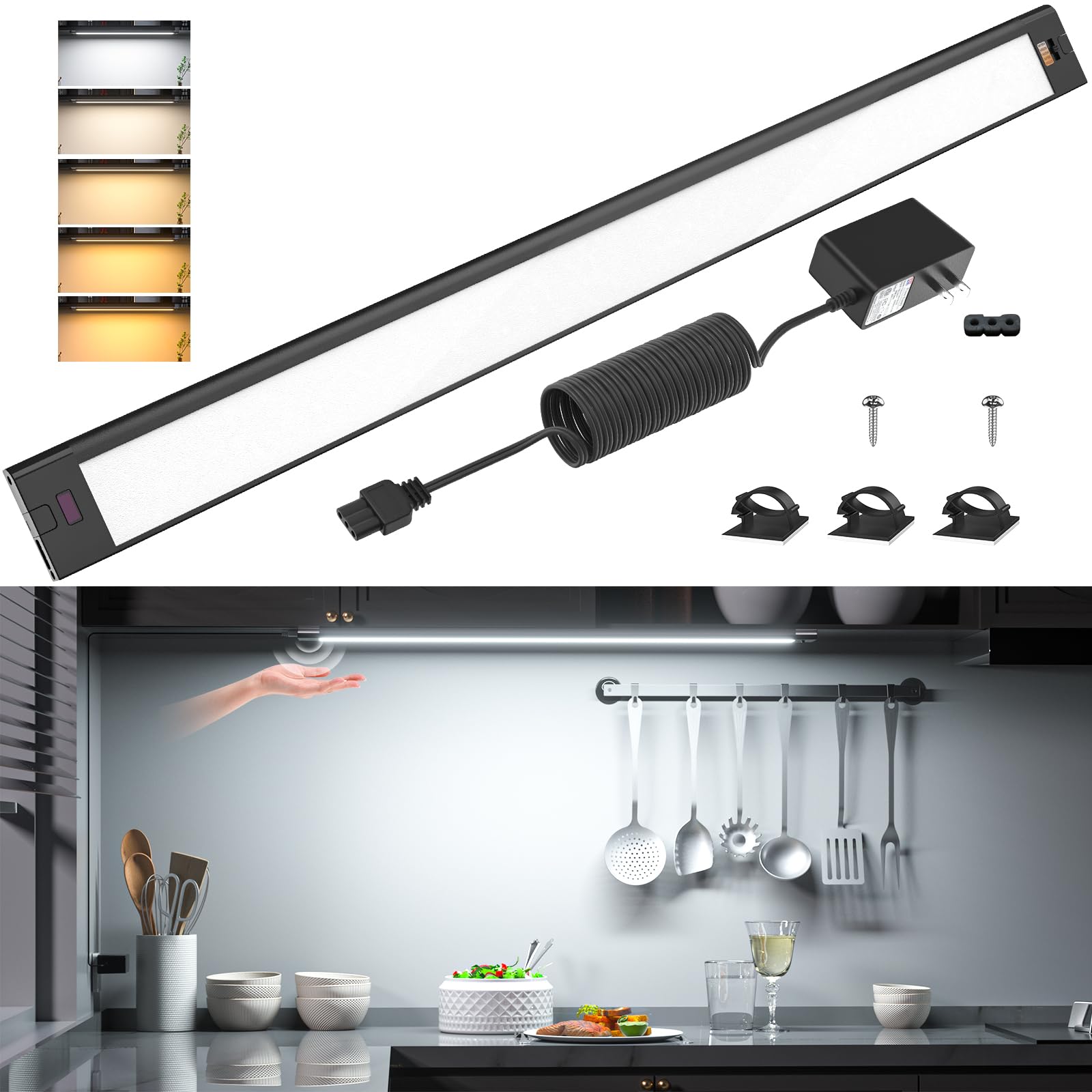WOBANE LED Under Cabinet Light, 24 inch, Black, Hand Wave Activated, Warm White to White, Touchless Dimmable, Model CS4
