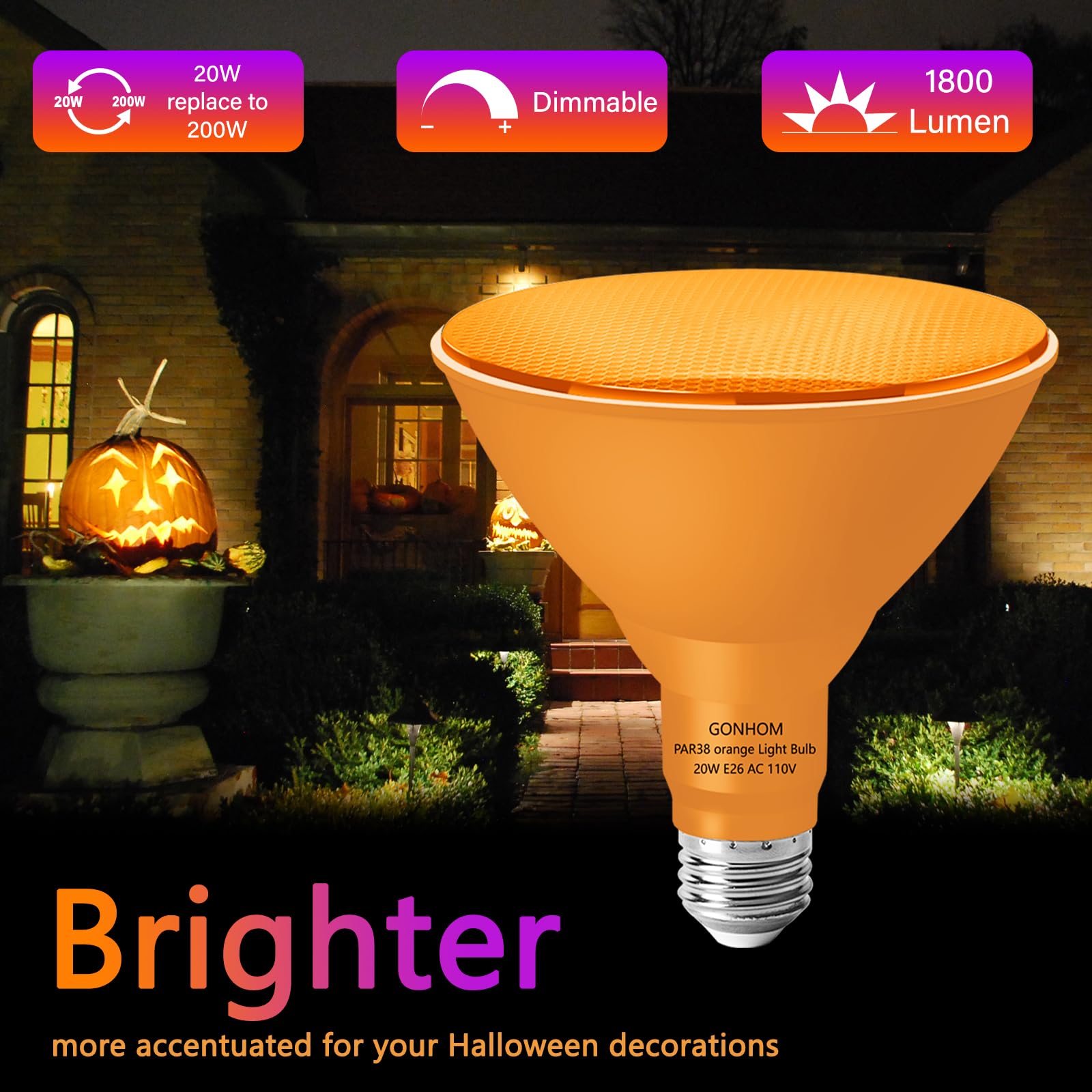 Gonhom 4 Pack Par38 Orange Flood Lights Outdoor, Dimmable Flood Orange Light Bulb,20W(Equivalent To 200W),E26 Base,Halloween Lig