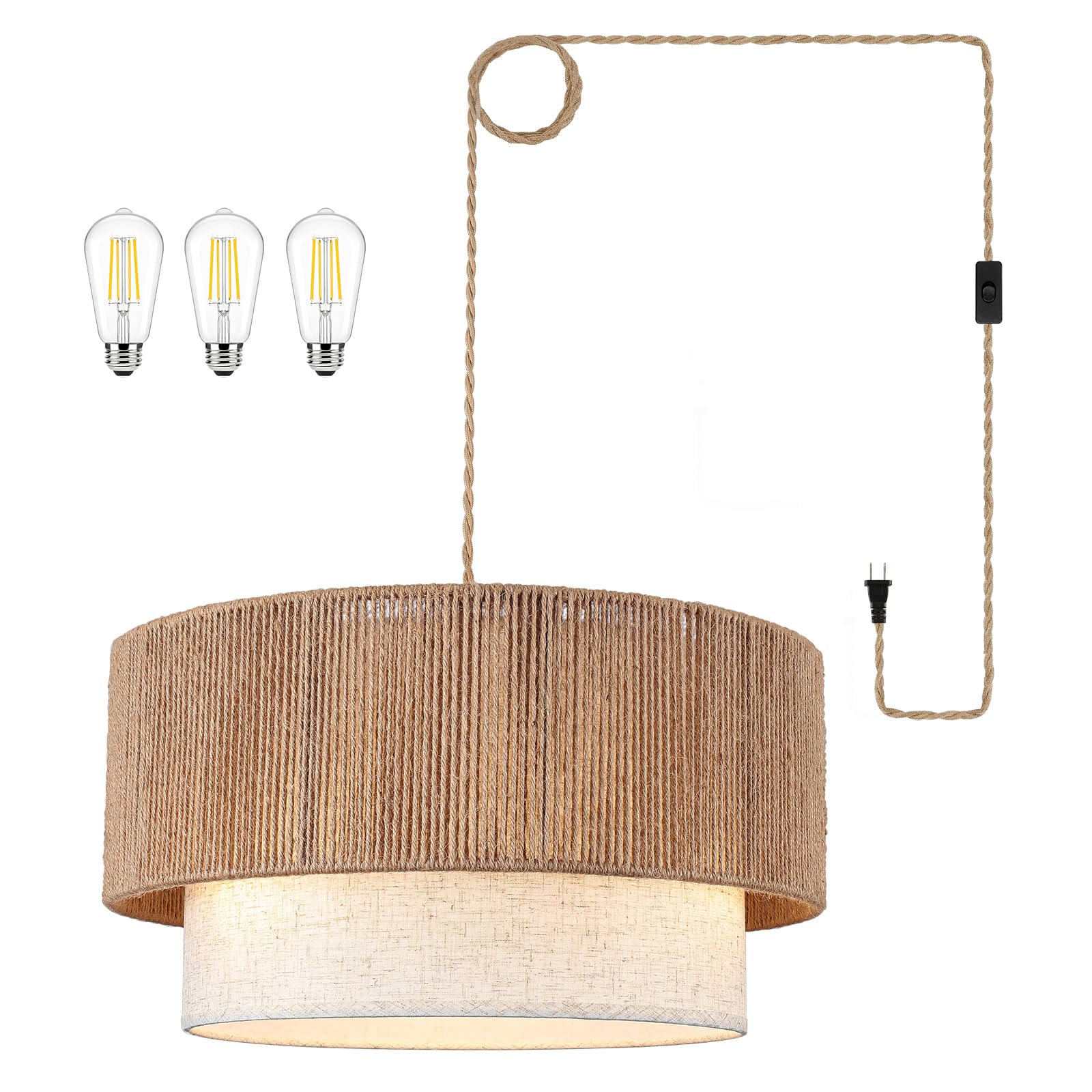 Kirahee Plug in Pendant Light, 18in Rattan Chandelier with Fabric Shade, E26 On/Off Switch, 3-light for Dining Room, Living Room, Kitchen