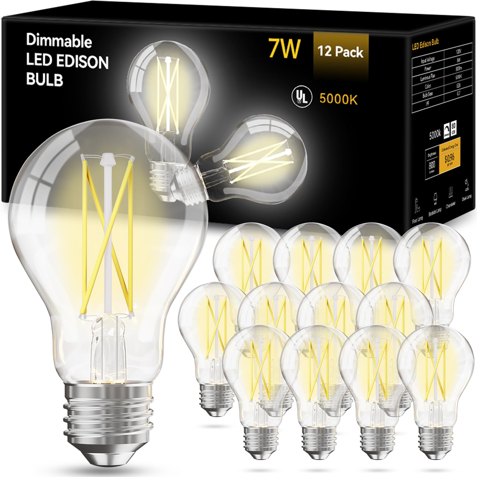 Volivo 12 Pack Vintage Led Bulbs, A19 Dimmable Light, 5000K Daylight, 60W Equivalent,Cri 80+, Clear Glass Filament, 7W, E26 Stan
