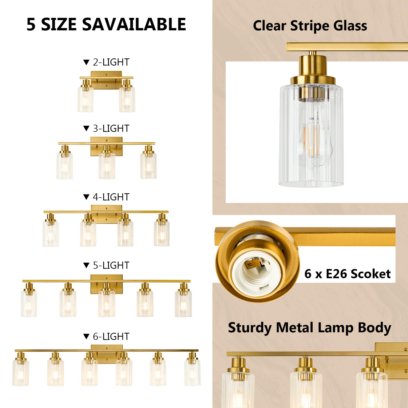 Jonsi 6-Light Brushed Gold Bathroom Vanity Light Fixture with Glass Shade, 44.7 Inch, E26 Wall Sconces for Bathroom, Living Room, Hallway