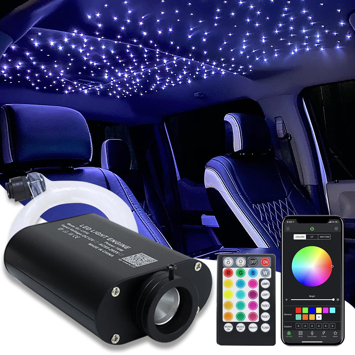 Amki 16W Fiber Optic Lights,Starlight Headliner Light Kit App/Remote Control Sound Activated Mode For Car&Home Decoration,Optical Fiber Cable Strands 0.75Mm/0.03In 6.5Ft/2M 300Pcs