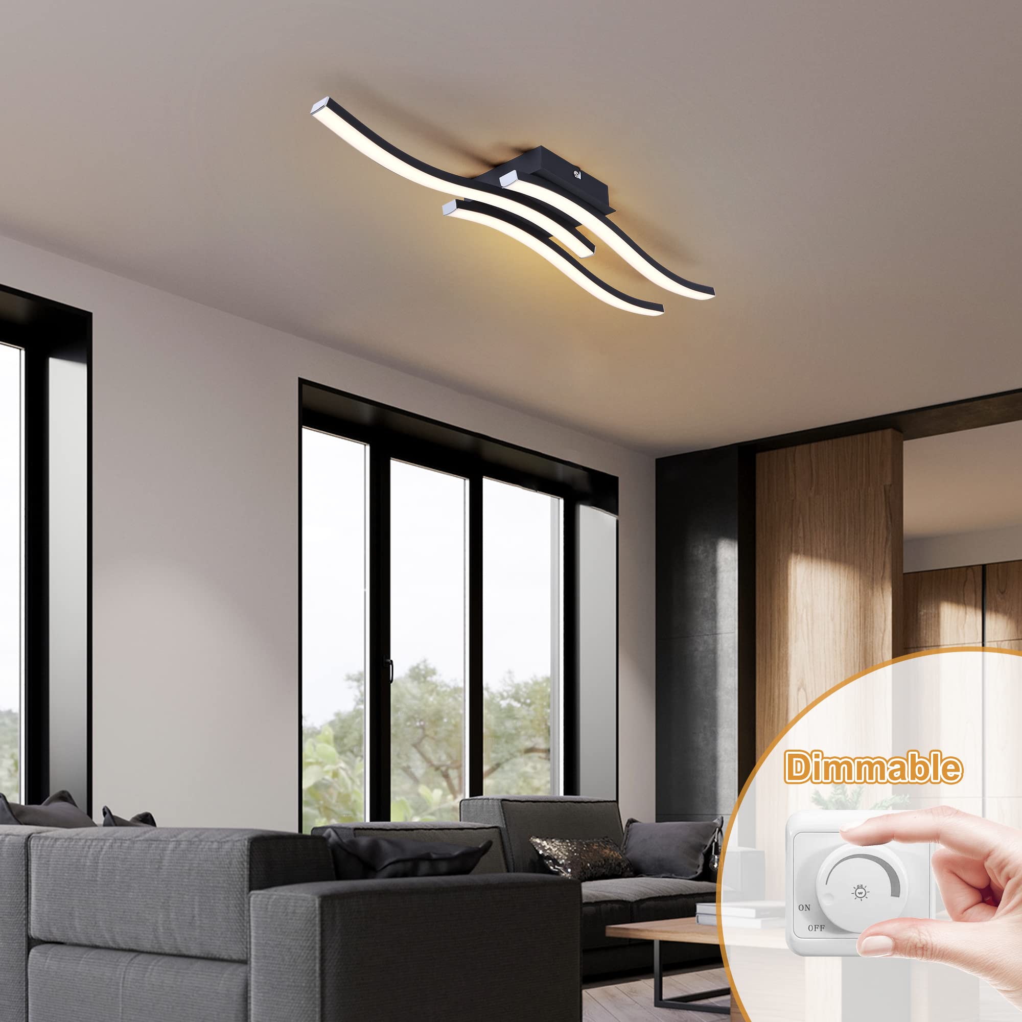 EDISLIVE Modern Dimmable LED Ceiling Light 3-Light 22.5in Black Metal Fixture 3000K Warm for Bedroom Foyer Kitchen