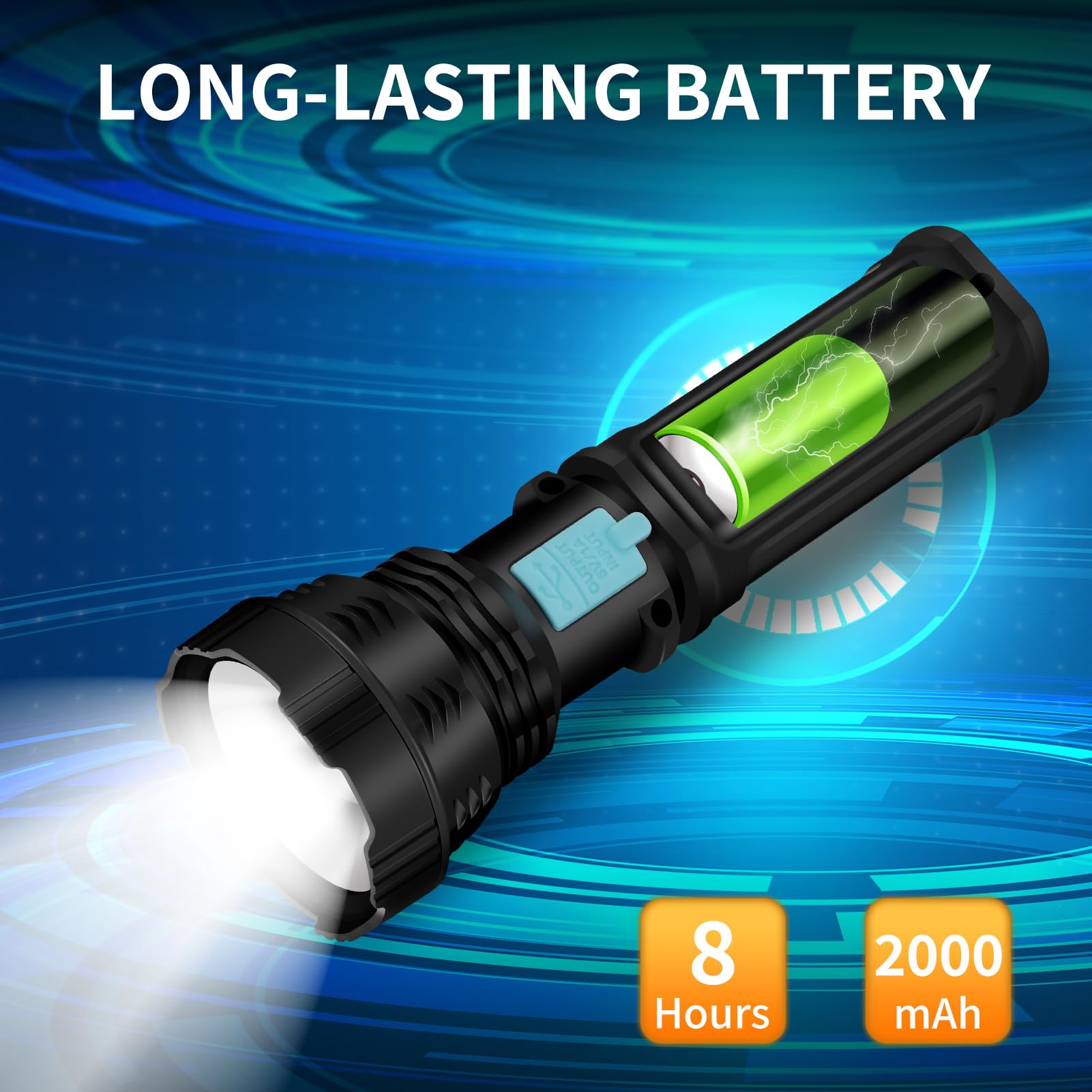 VOETIR Led Solar Flashlight, 1500 Lumens, IP65 Waterproof, 2000mAh Battery, 2 Packs, Black, Model VOETIR-F