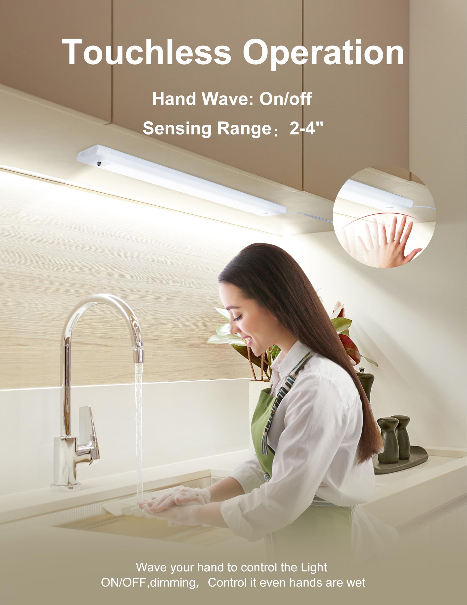 Under Cabinet Lights Plug In, 18 Inch Hand Wave Led Closet Light, 3 Color Temp 3000K/4000K/5000K Dimmable Under Counter Light, U