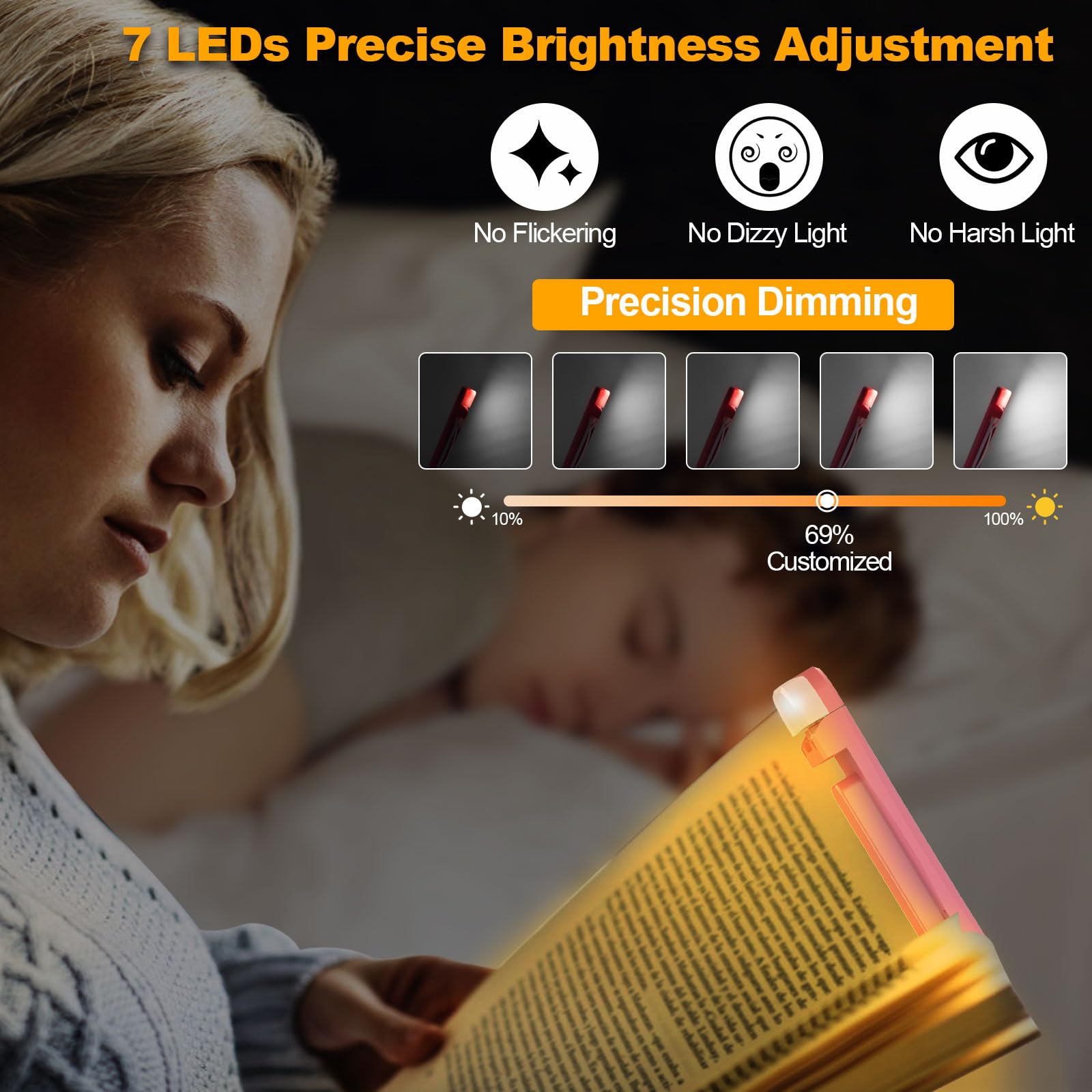 HIONXMGA Book Reading Light, Rechargeable Clip-on Lamp, 3 Amber Colors, 7 LEDs, Eye Caring, Pink, Model SJD-01