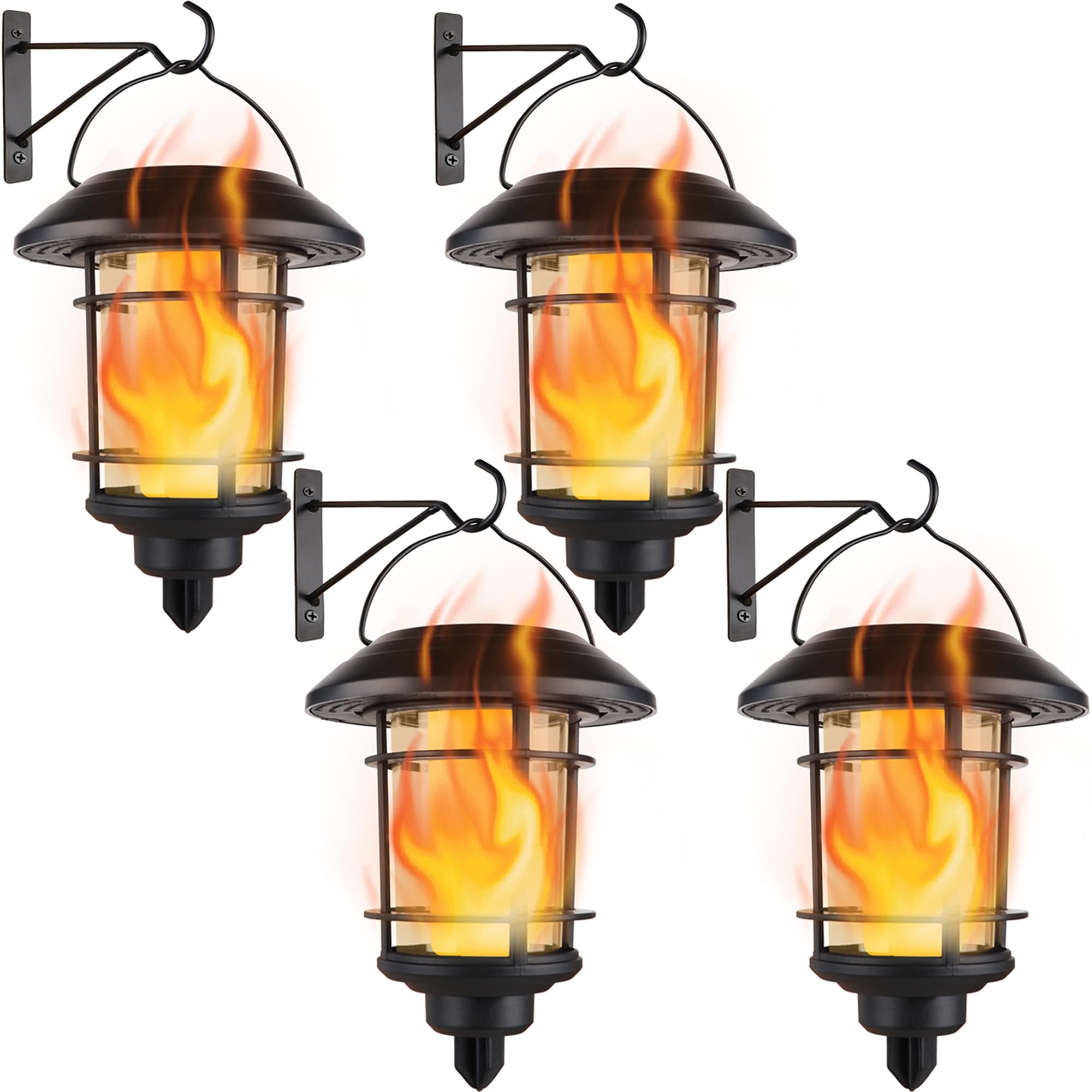 Dynaming 4 Pack Solar Flame Wall Lanterns Outdoor, Solar Powered Wall Mounted Sconce Lights, Flickering Flame LED Lights Auto On