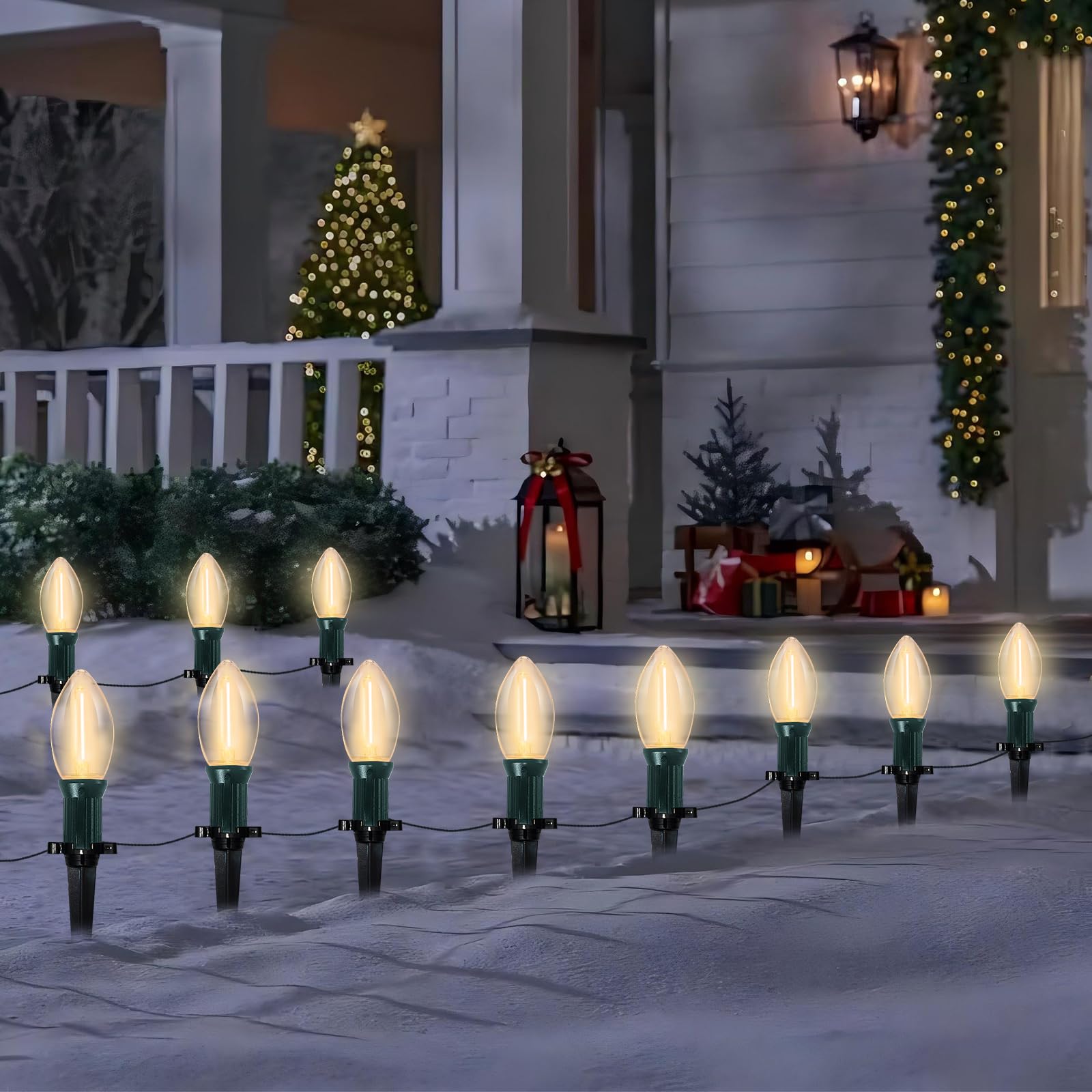38Ft C9 Led Christmas Pathway Lights Outdoor, 25 C9 LED Warm White Bulbs String Lights Waterproof with Stakes, Connectable Chris