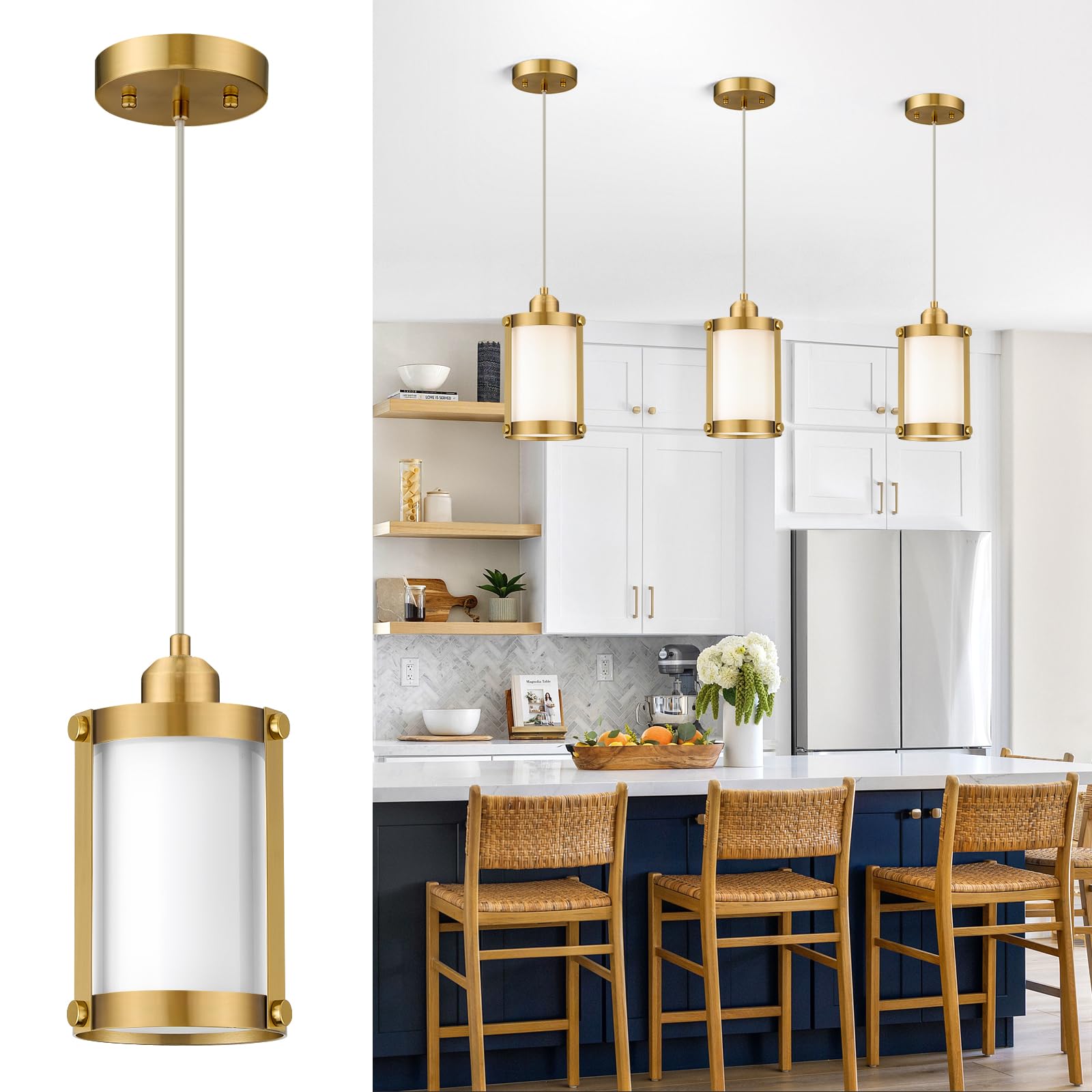 Osimir Brushed Gold Pendant Lights Kitchen Island, 1-Light Modern Brass Mini Hanging Light Fixtures With Milk Glass, Farmhouse K