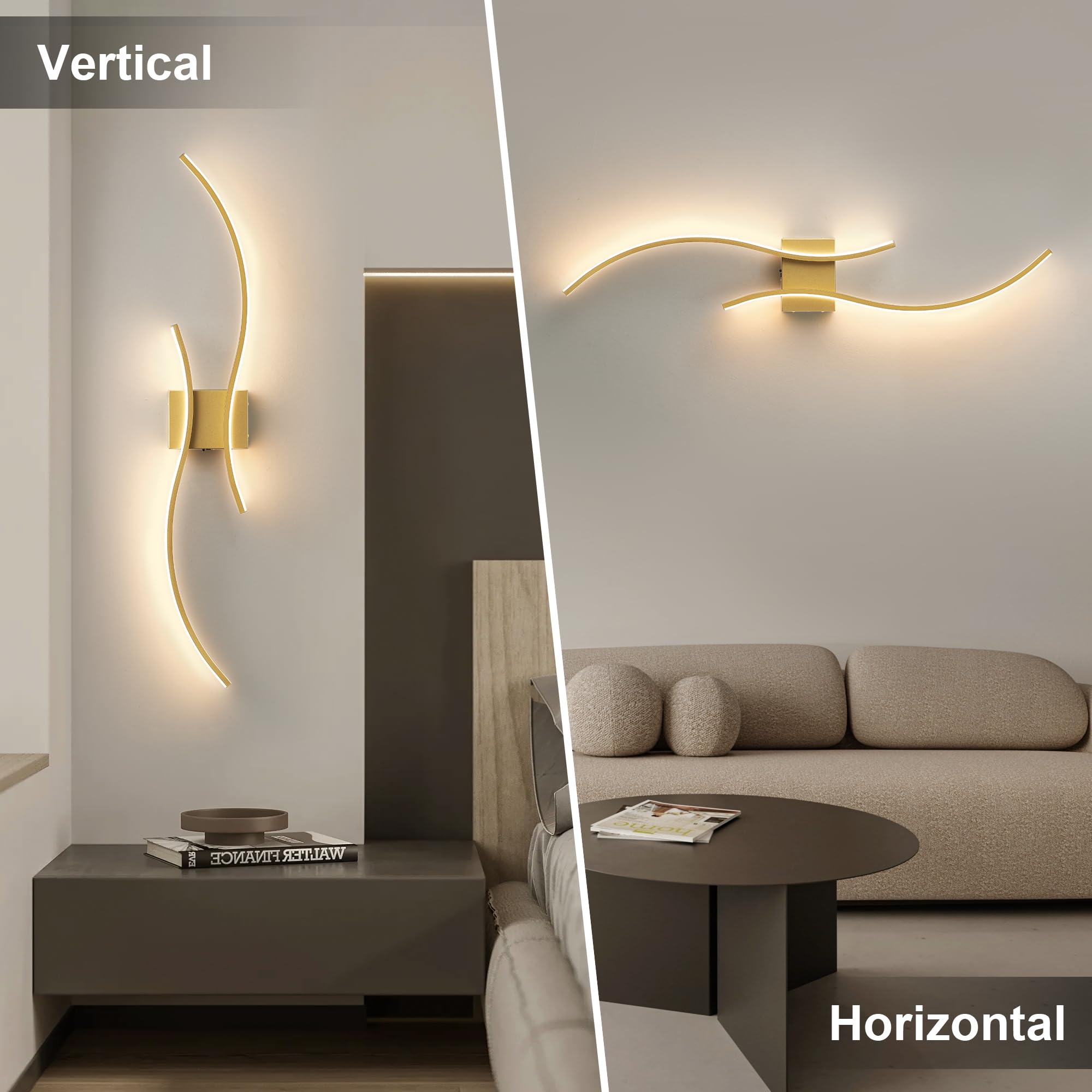 KARTOOSH LED Wall Sconces Set of 2, Gold, 39.3" Metal, Remote Control, Dimmable, Stepless Colors 3000K-6000K