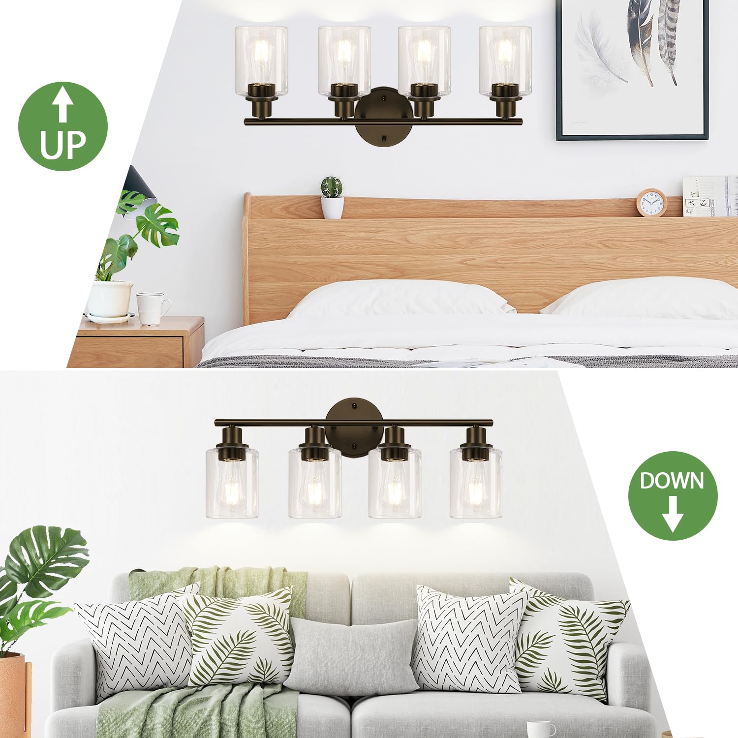 Zarbitta 4-Light Bathroom Light Fixtures, Brown Modern Vanity Lights Over Mirror with Clear Glass Shade, Bathroom Wall Lamp for