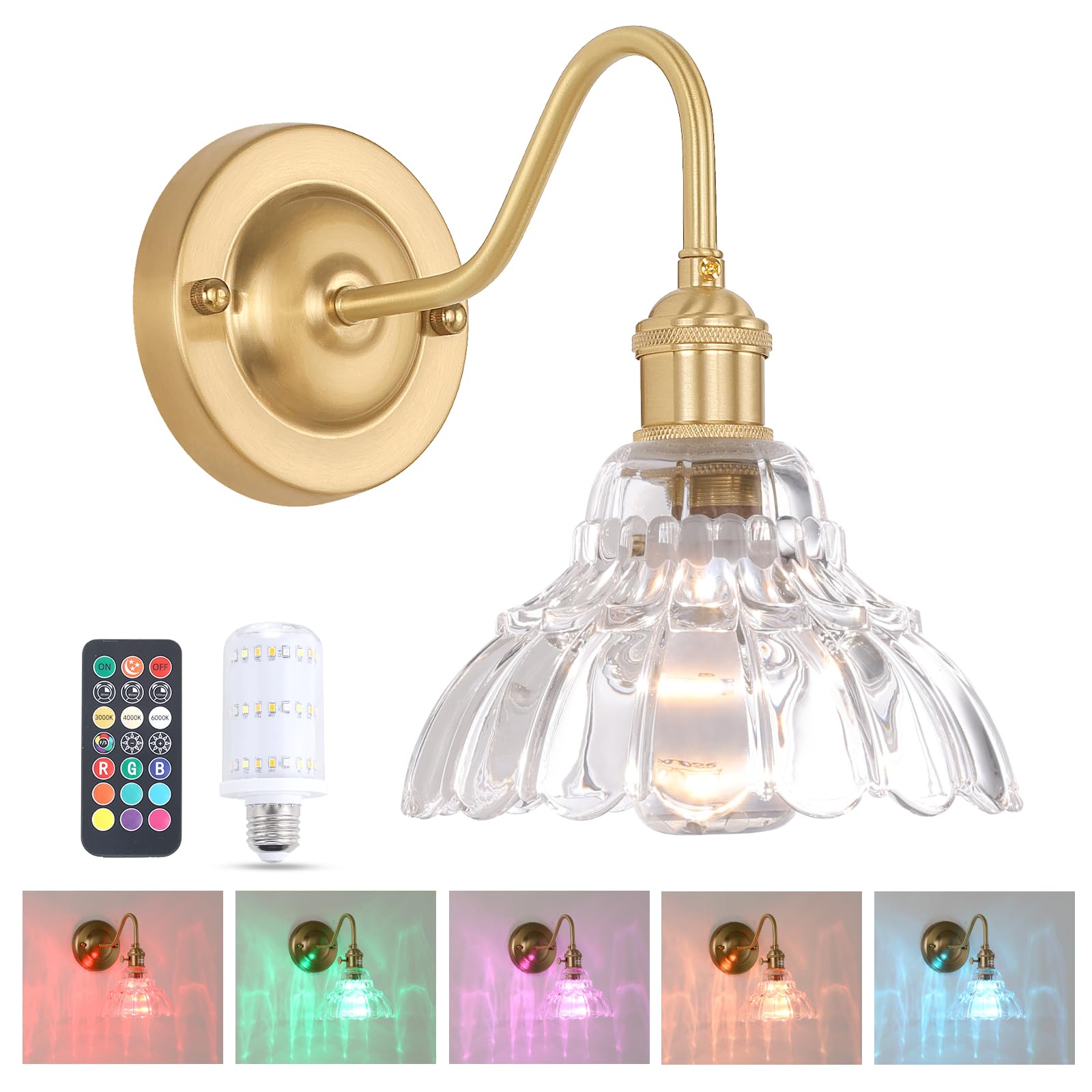 Shenmoyl Battery Operated Wall Sconce  Vintage Rechargeable Wall Lights with Clear Lily Glass Shade  Wireless Indoor Wall Lamp with Remote for Bedroom Living Room Bathroom Hallway