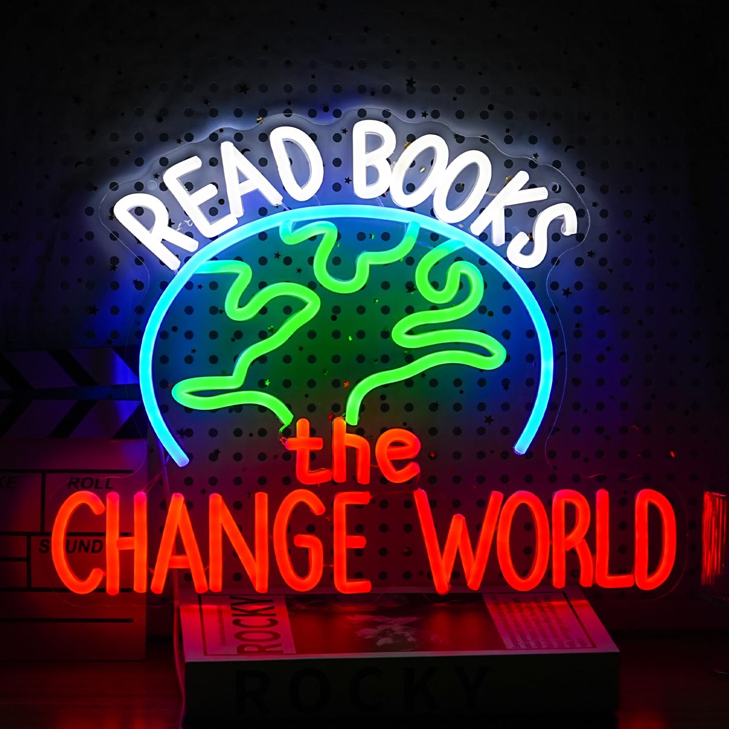 GNVETZLL LED Neon Sign - Read Books Change The World - Dimmable, USB Powered, Acrylic, 16.5x12.6In, White Green Blue Red