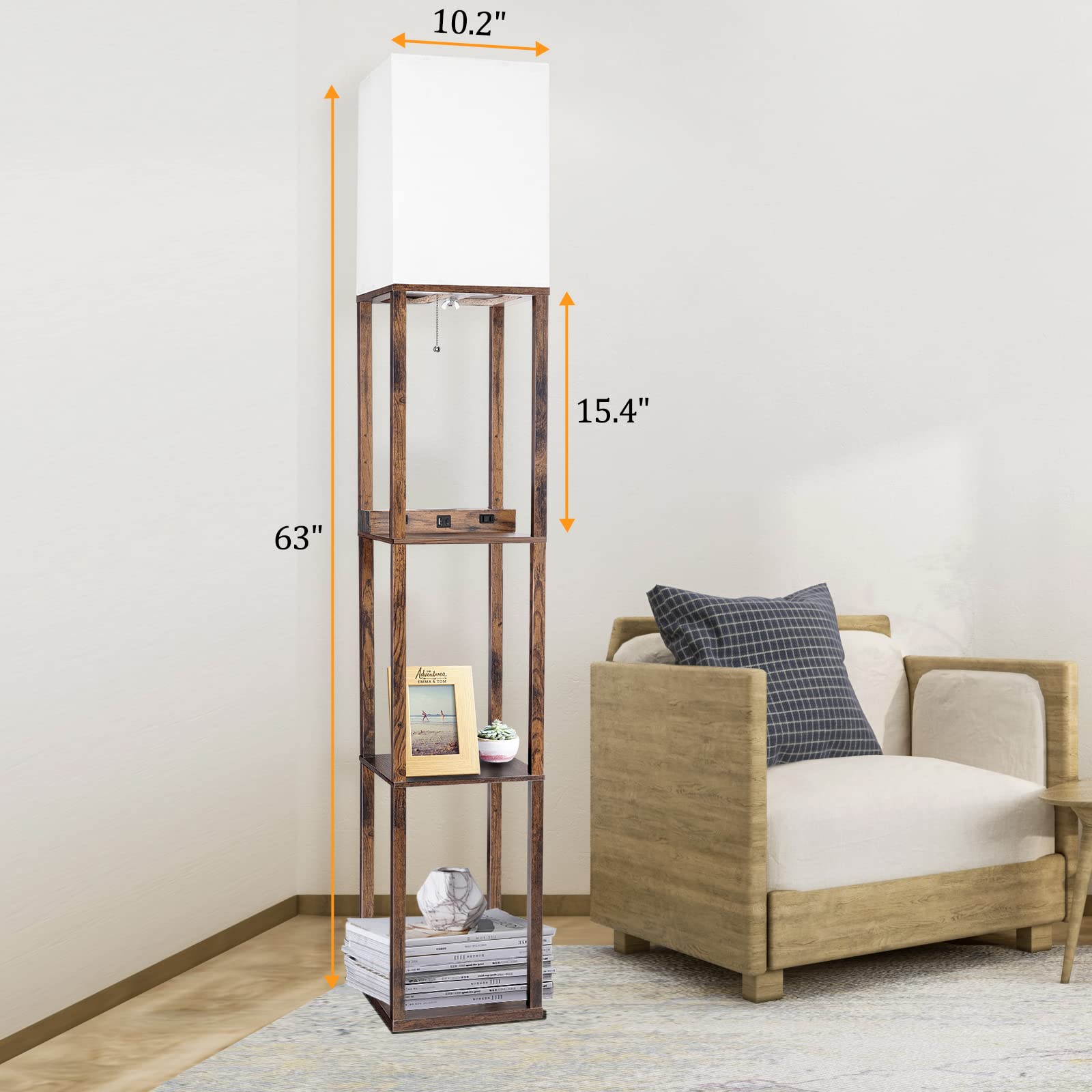 Dott Arts Floor Lamp with Shelves, Wireless Charger, USB Ports, 10.2" Wide, Brown, Model WLM1600-FLA-8W-06