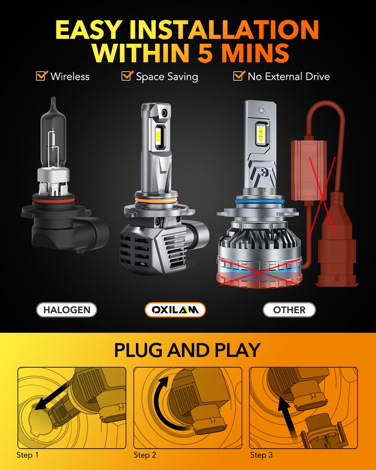 OXILAM HB3 9005 LED Bulbs - 900% Brighter, 50000LM, No Flicker, 70000H Lifespan, Quick Install