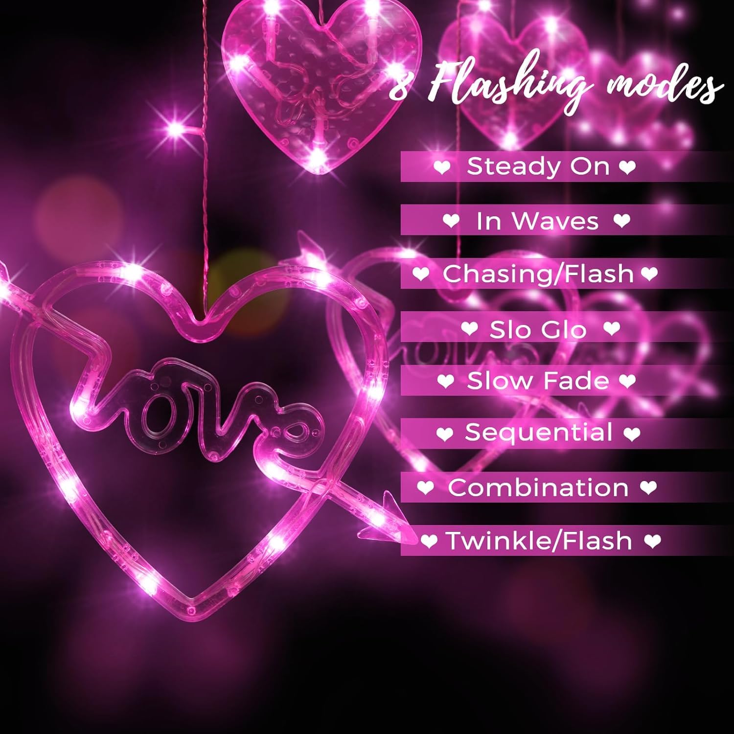 Valentines Day Decor, 138Led 12 Hearts Curtain Lights For Bedroom, Window Lights With Remote 8 Modes, Usb And Battery Powered Va