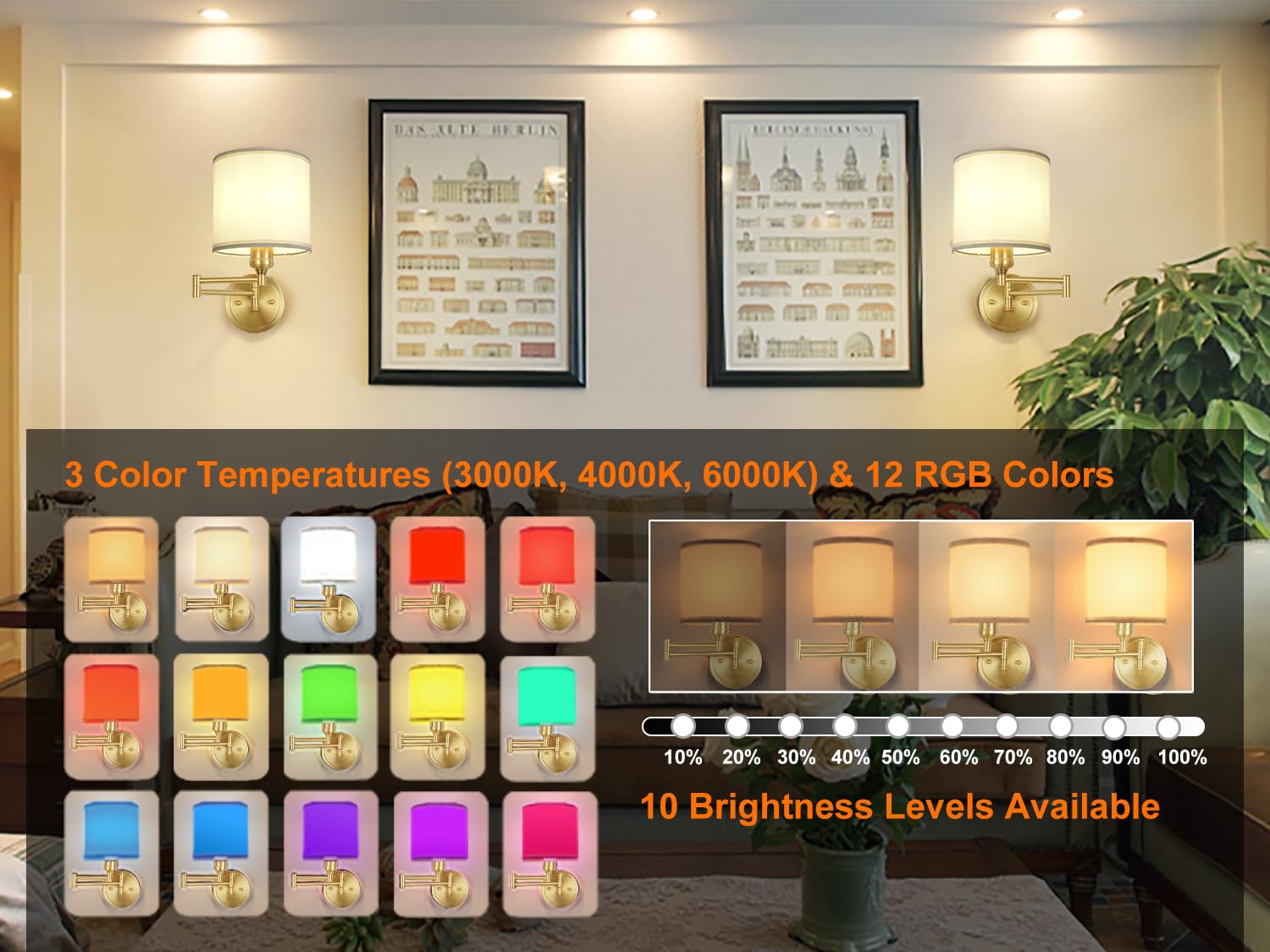 Goodate Battery Operated Wall Sconce With Remote Control, 15 Colors Dimmable Wireless Wall Sconces Set Of Two, Rechargeable Cord