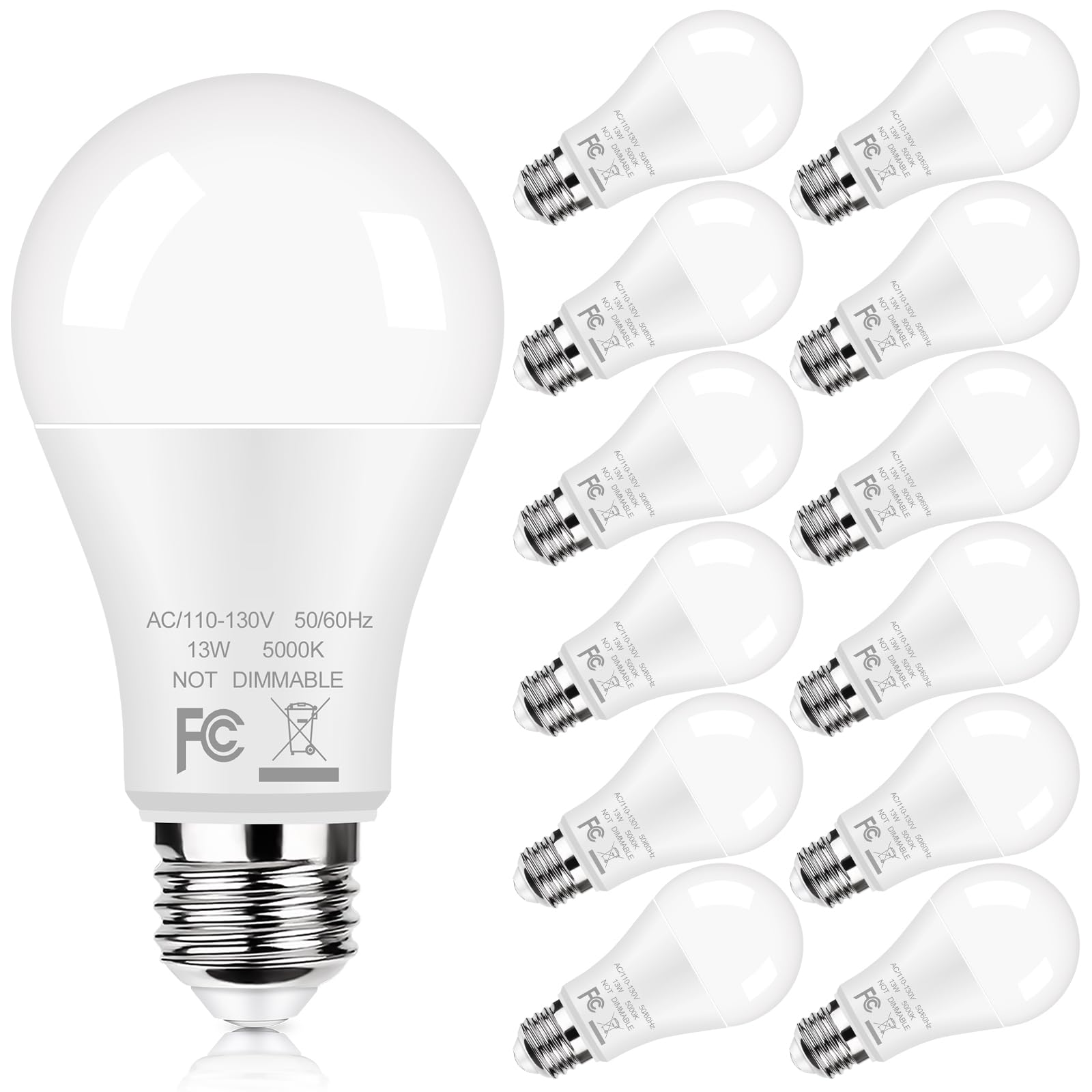 12-Pack A19 LED Light Bulbs, 100W Equivalent Bulbs, 13W 5000K Daylight White LED Bulbs with Standard E26 Medium Base, Super Bright 1500 Lumens, CRI85+, No Flicker Non-Dimmable Bulbs for Lamp