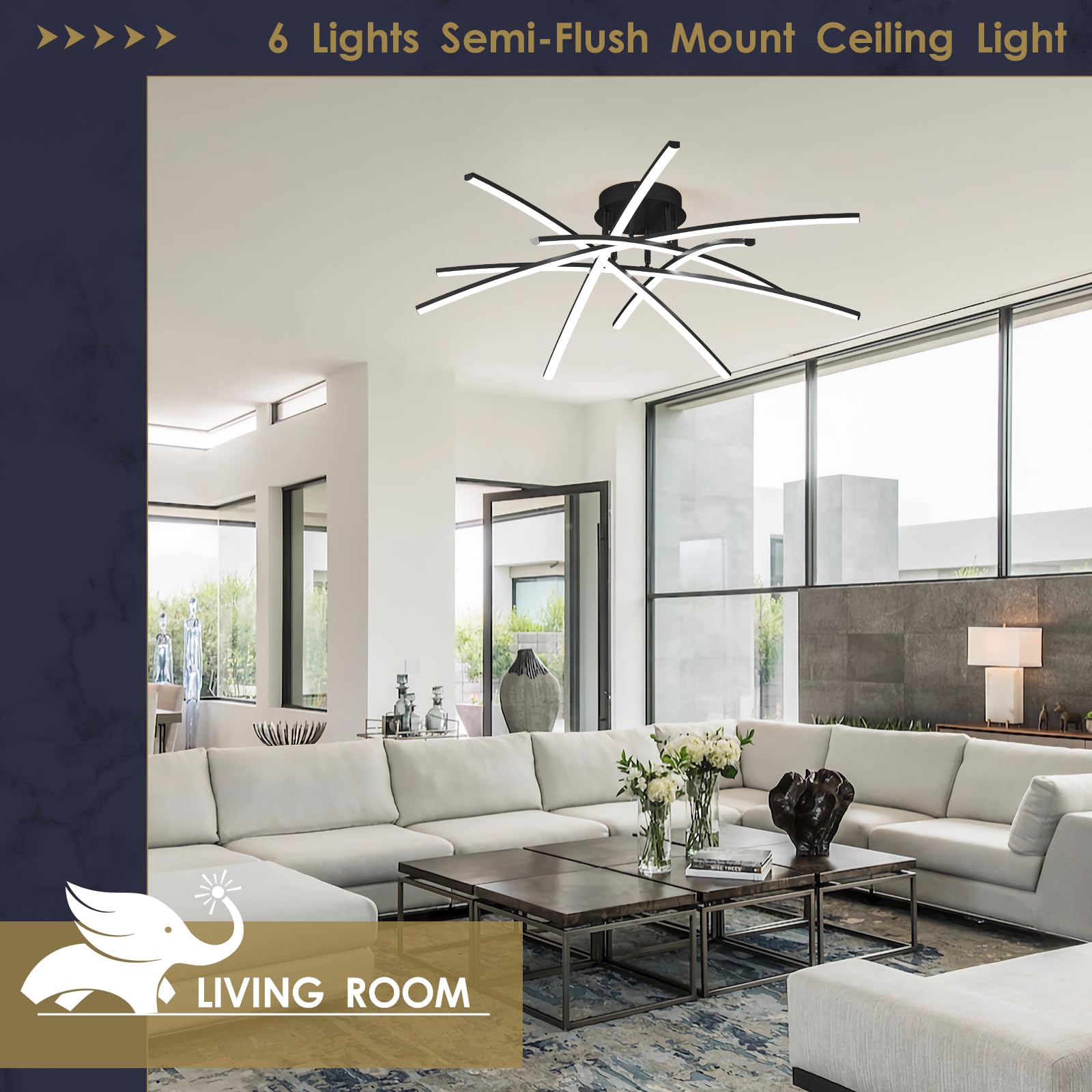 Airyphant Modern 32.8'' Led Chandelier Ceiling Light 6-Lights Black Dimmable Semi Flush Mount Ceiling Light Fixtures With Remote