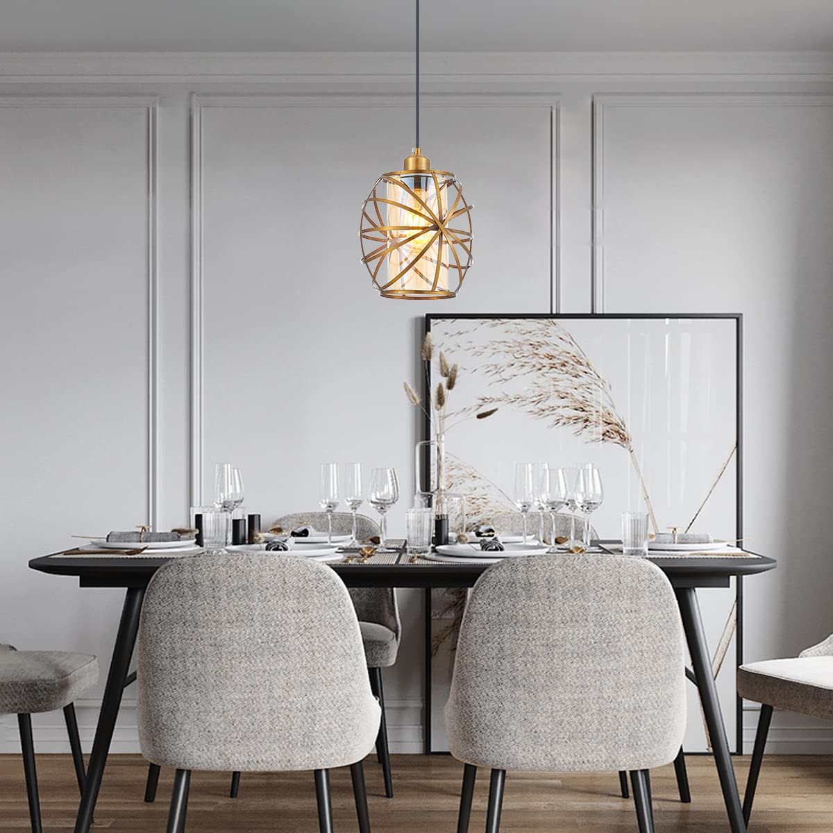 YLONG-ZS Gold Plug-in Pendant Light, Dimmable Glass Hanging Lamp for Kitchen Island, Bedroom, Living Room, Model YL26A-Gold