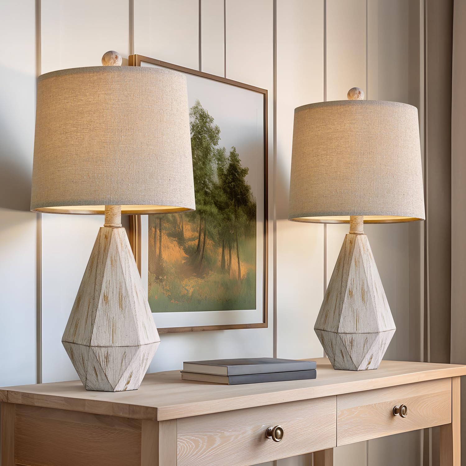 PoKat Rustic Table Lamp Set of 2, 20.25" Small, Washed White, Vintage Nightstand Lamps for Bedroom, Living Room, Office