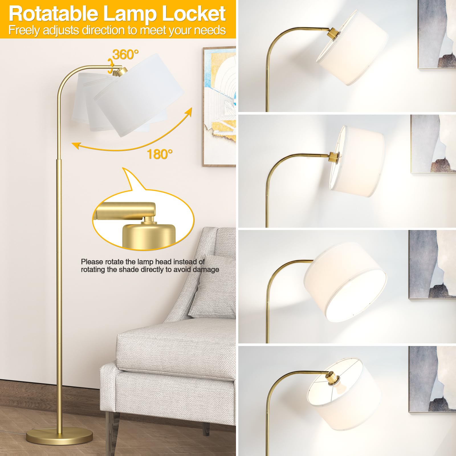 Cnxin Arc Floor Lamps For Living Room With 3 Color Temperatures, Modern Floor Lamp Reading Light With 9W Bulb Included, Standing Lamp With Adjustable White Hanging ?Lampshade For Bedroom Office(Gold)