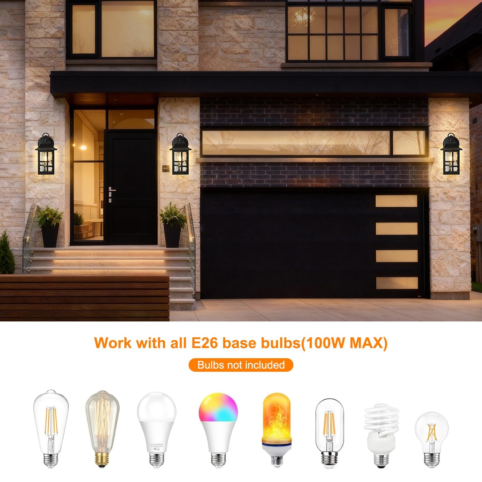OKELI 2-Pack Outdoor Wall Lights, Aluminum Porch Light, Dusk to Dawn with Ripple Glass, Black & Gold-Trim, 11.4" Sconce, Model OK100-M2