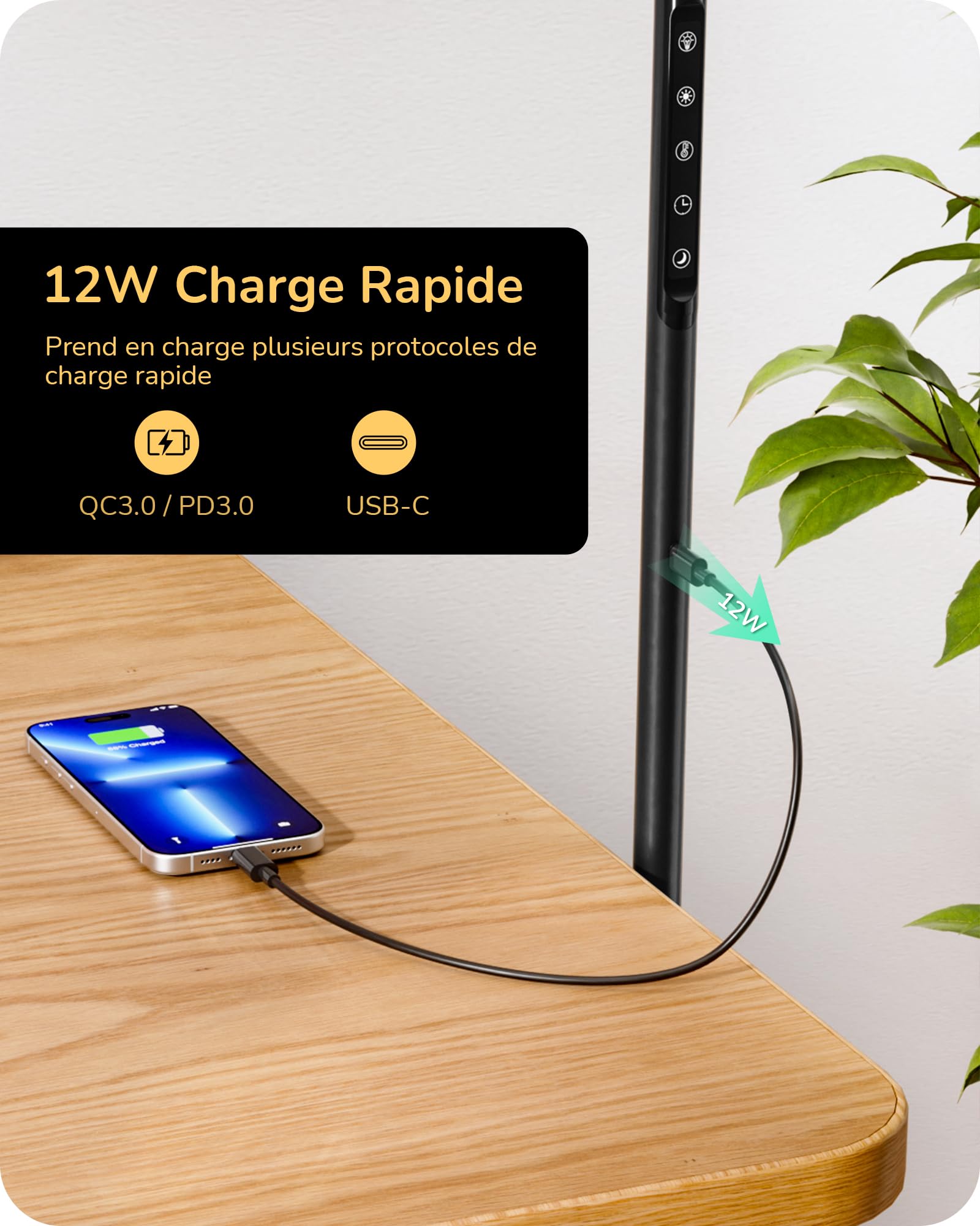 EDISHINE LED Floor Lamp, 1600LM Dimmable, Type-C Port, Rotating Arm, Modern Minimalist, Black, Model HFLAA2A