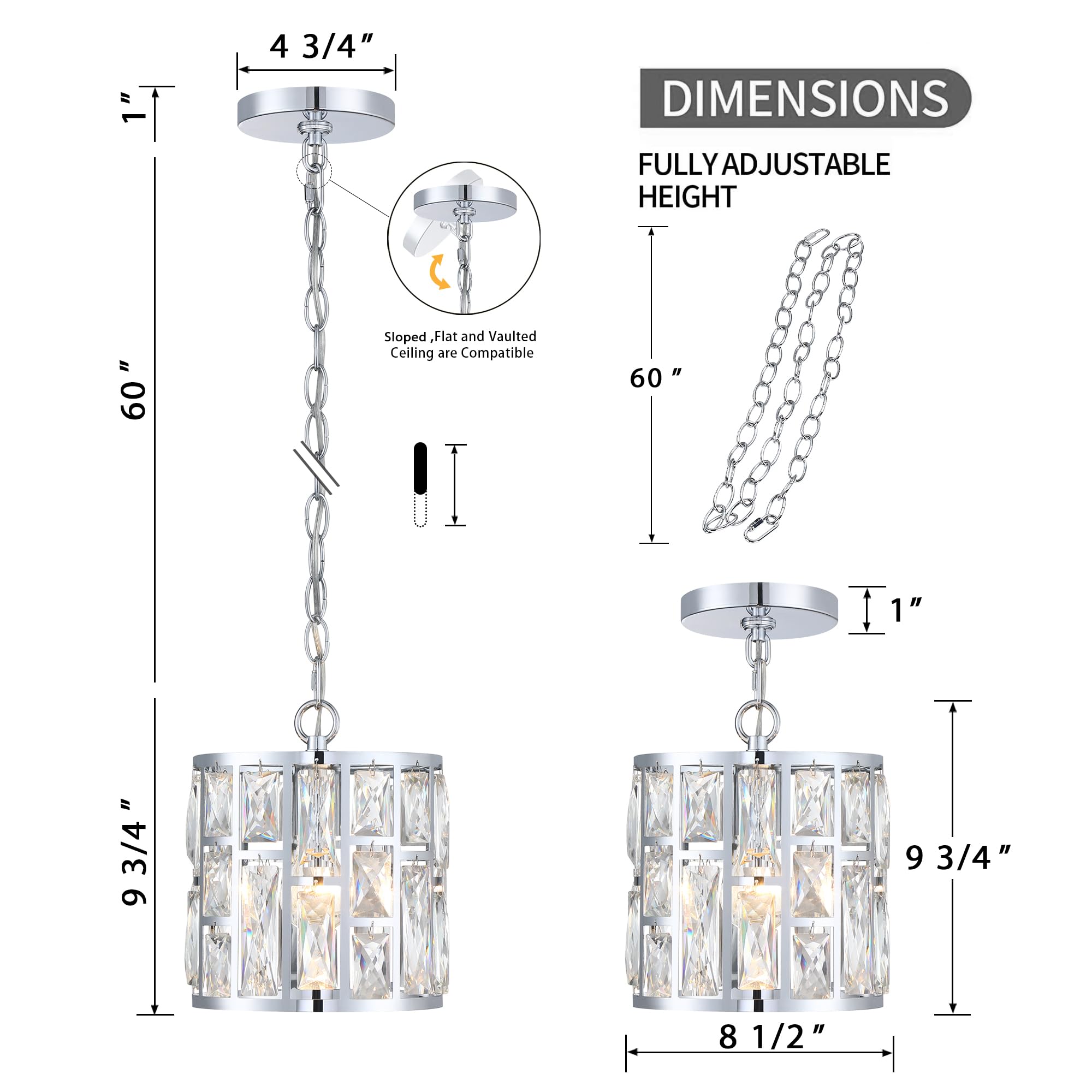 Modern Crystal Pendant Light,Chrome Chandelier Light Fixture, Cylinder Adjustable Height Pendant Lights For Kitchen,Dining Room,