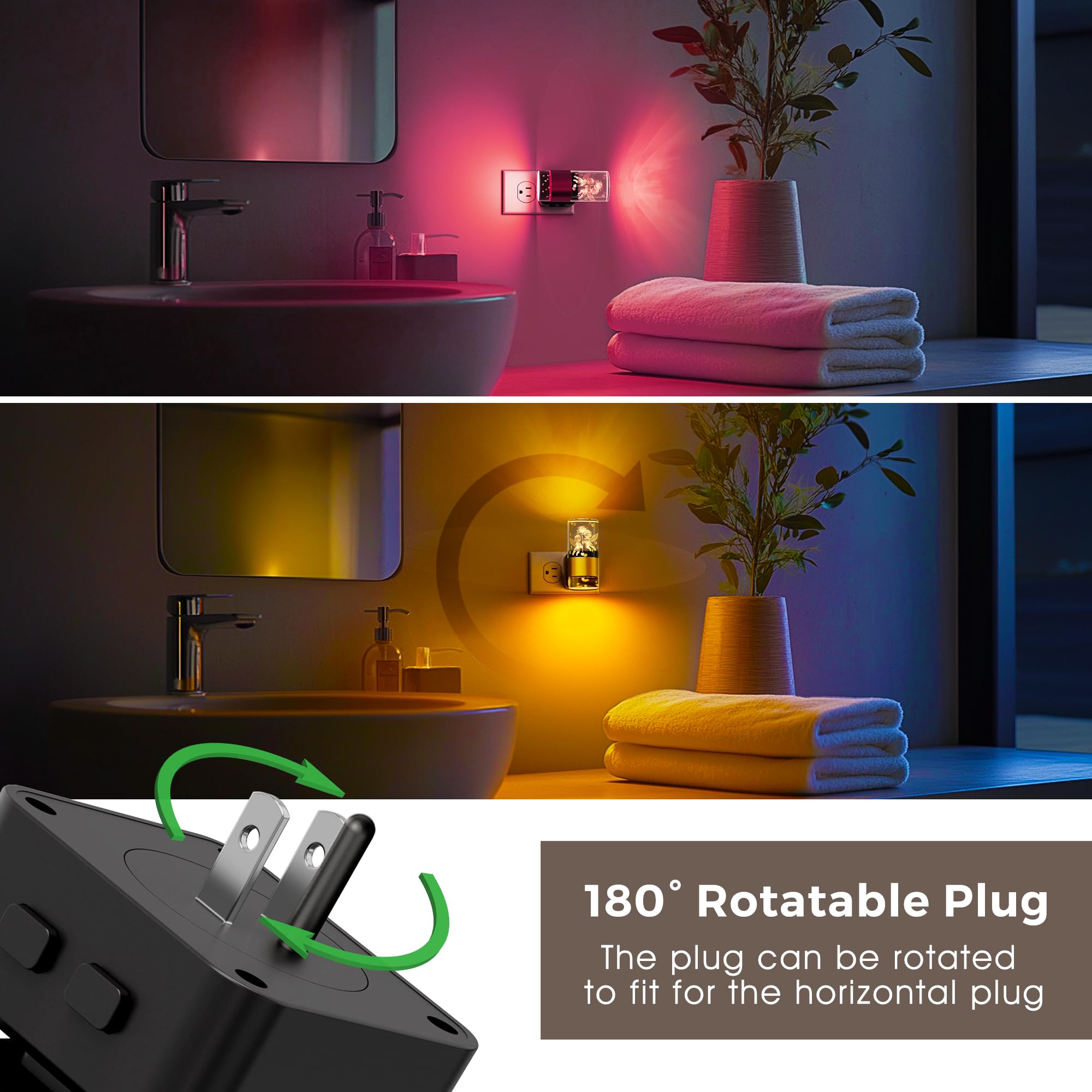 L LOHAS LED Night Lights - 2 Pack Dusk to Dawn, 9 Color Changing, Adjustable Brightness, Gold Ring-Angel RGB, Model A-GY19709CPUS-2