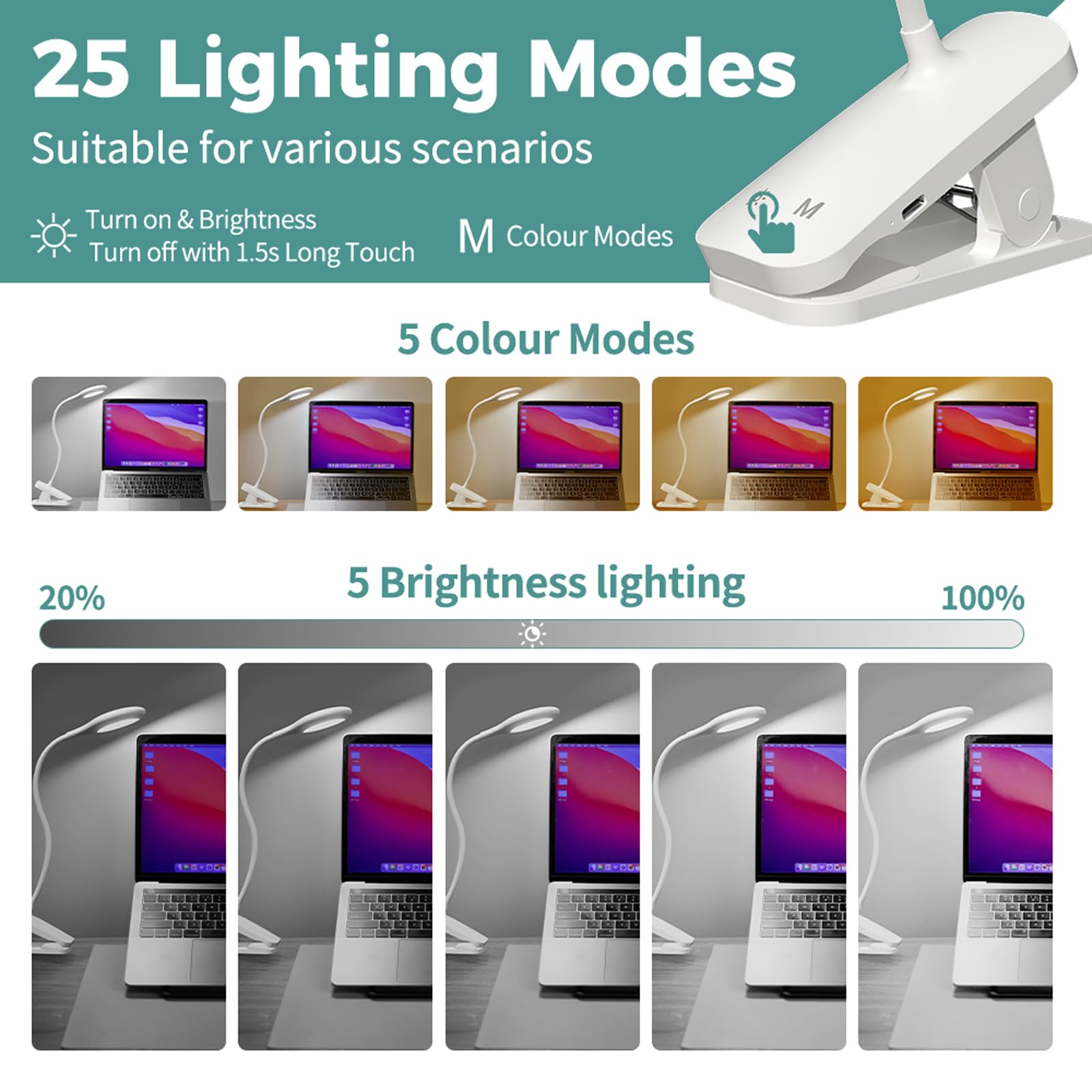 Cuhioy 2Pack Clip On Reading Light, 5 Colors 5 Brightness Bed Light For Headboard, Battery Rechargeable Flexible Arm Table Lamp