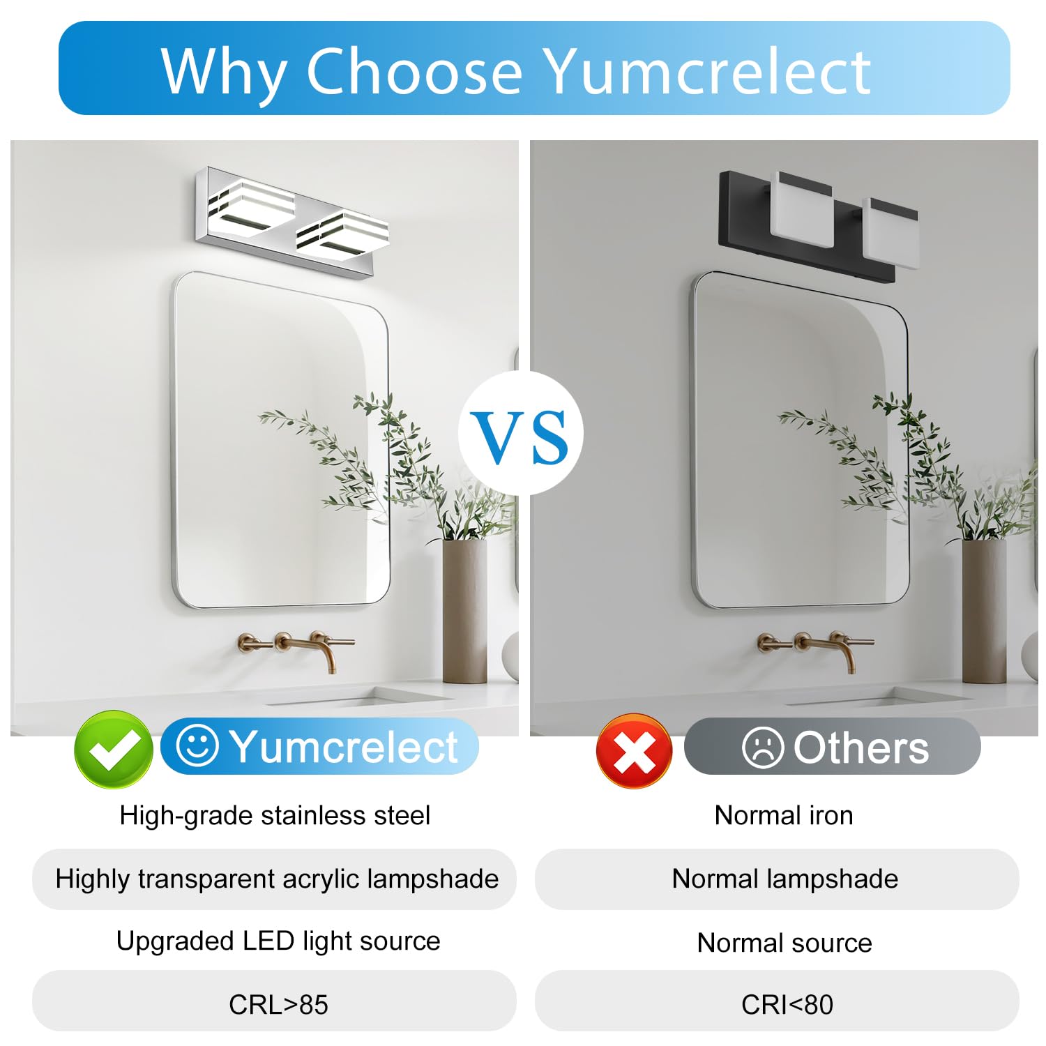 yumcrelect LED Vanity Light Bar 2-Light Acrylic Bathroom Fixtures 12W Chrome 14 Inch Model 6210