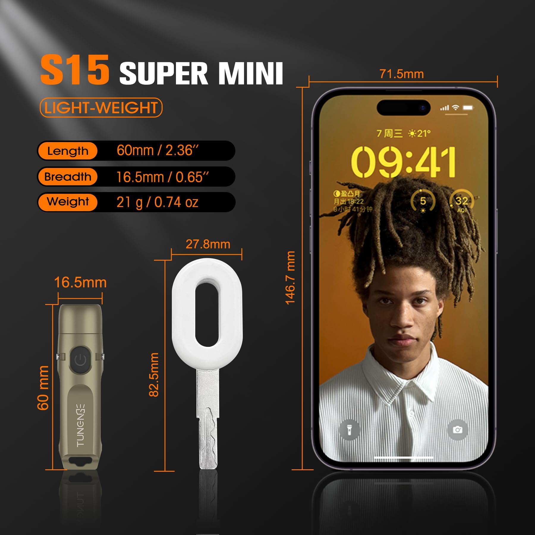 TUNENGE S15 650 Lumen Rechargeable Keychain Flashlight - Super Bright LED Mini Light for Camping & Outdoor Activities - Khaki