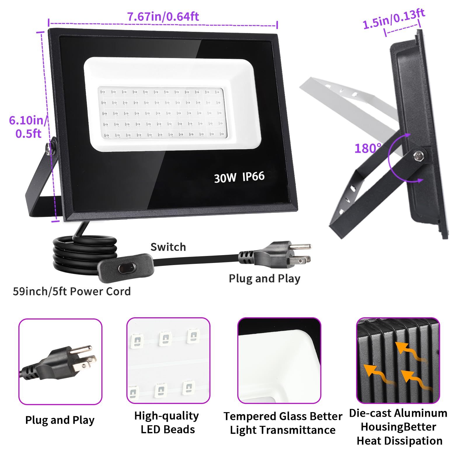 4 Pack 30W Black Light, Blacklight Flood Light With Plug & Switch, Ip66 Waterproof Outdoor Black Light Spotlight For Dance Party
