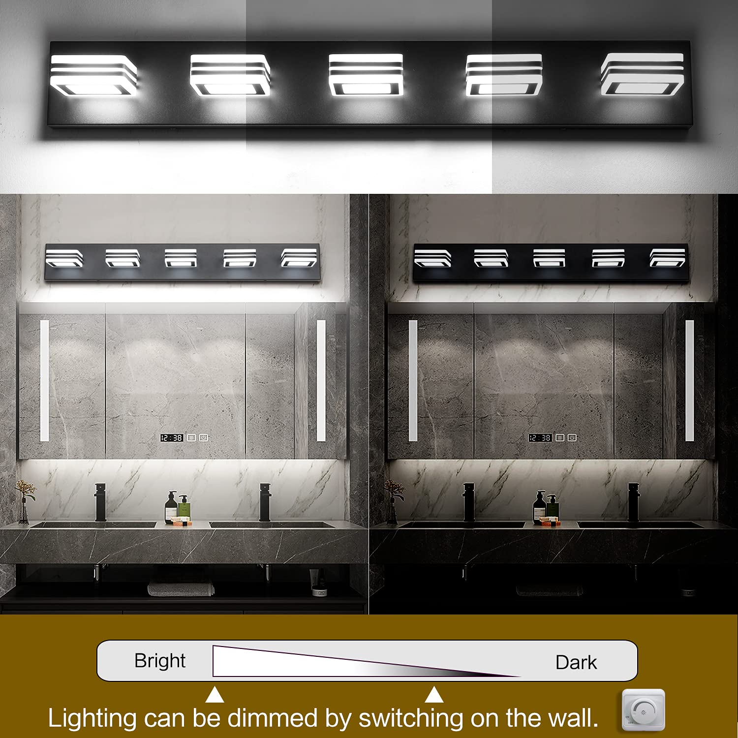 SOLFART Black Bathroom Vanity Light Fixtures 5 Lights Dimmable Matt Black Model S9660-5T-BK