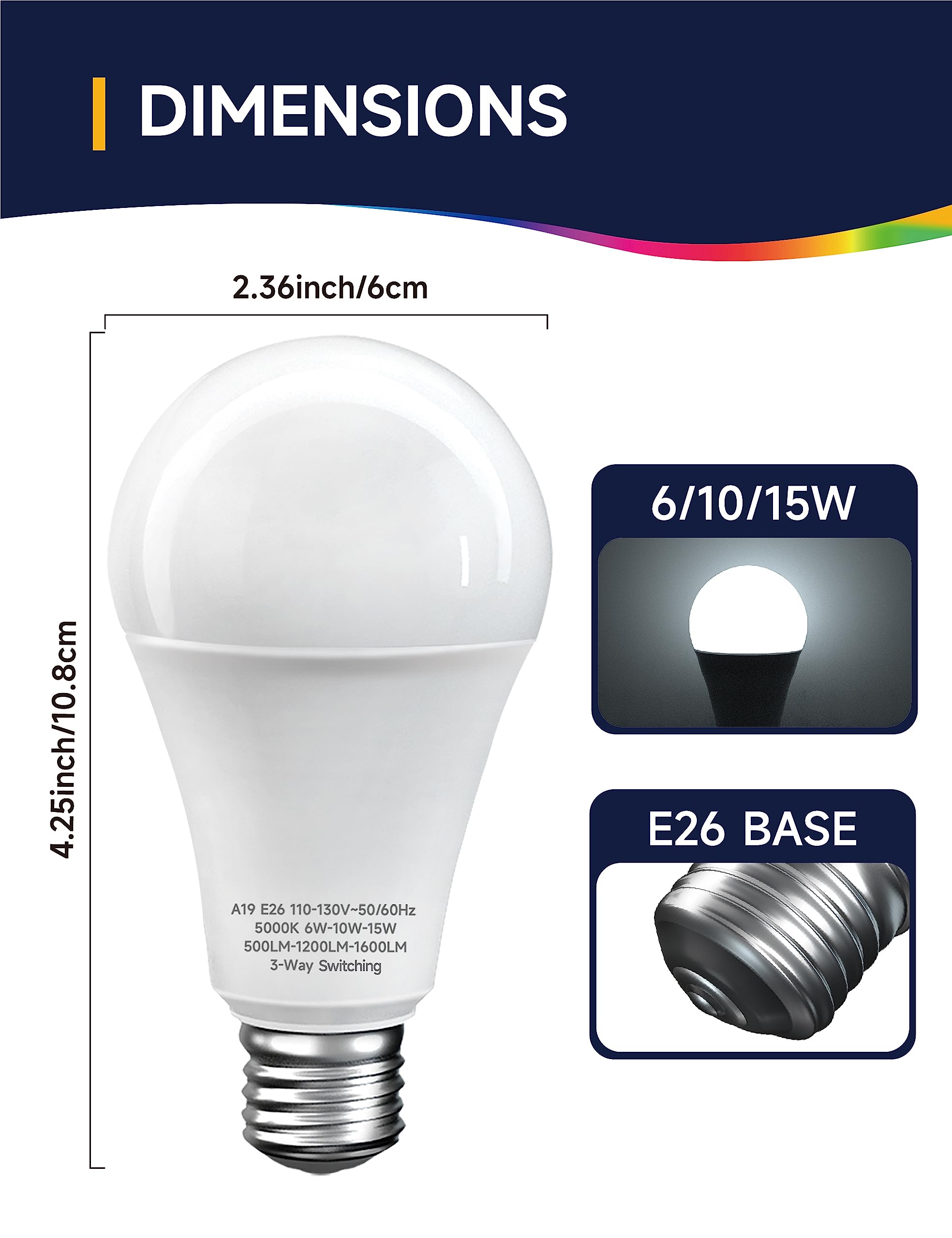 Unilamp 3 Way Led Light Bulbs, 30/70/100W Equivalent, Daylight White 5000K, A19 Three Way Light Bulbs With E26 Medium Base, 2 Pa