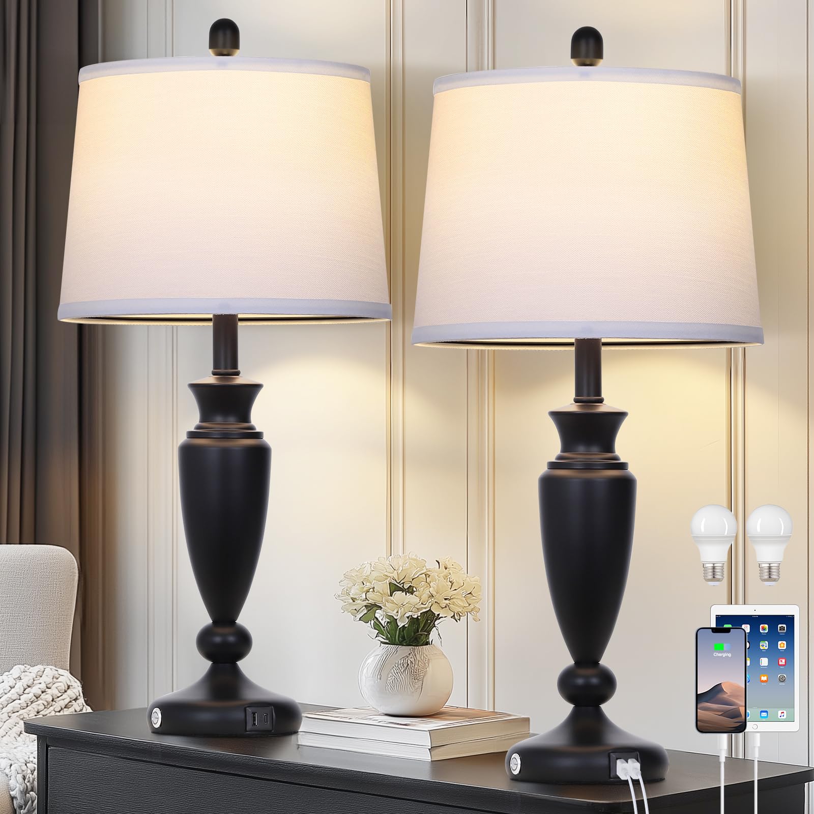 Rinweey 27'' Black Table Lamps Set Of 2, 3 Way Touch Control Living Room Lamps With Usb A+C Ports, Modern Bedside Lamps, Elegant