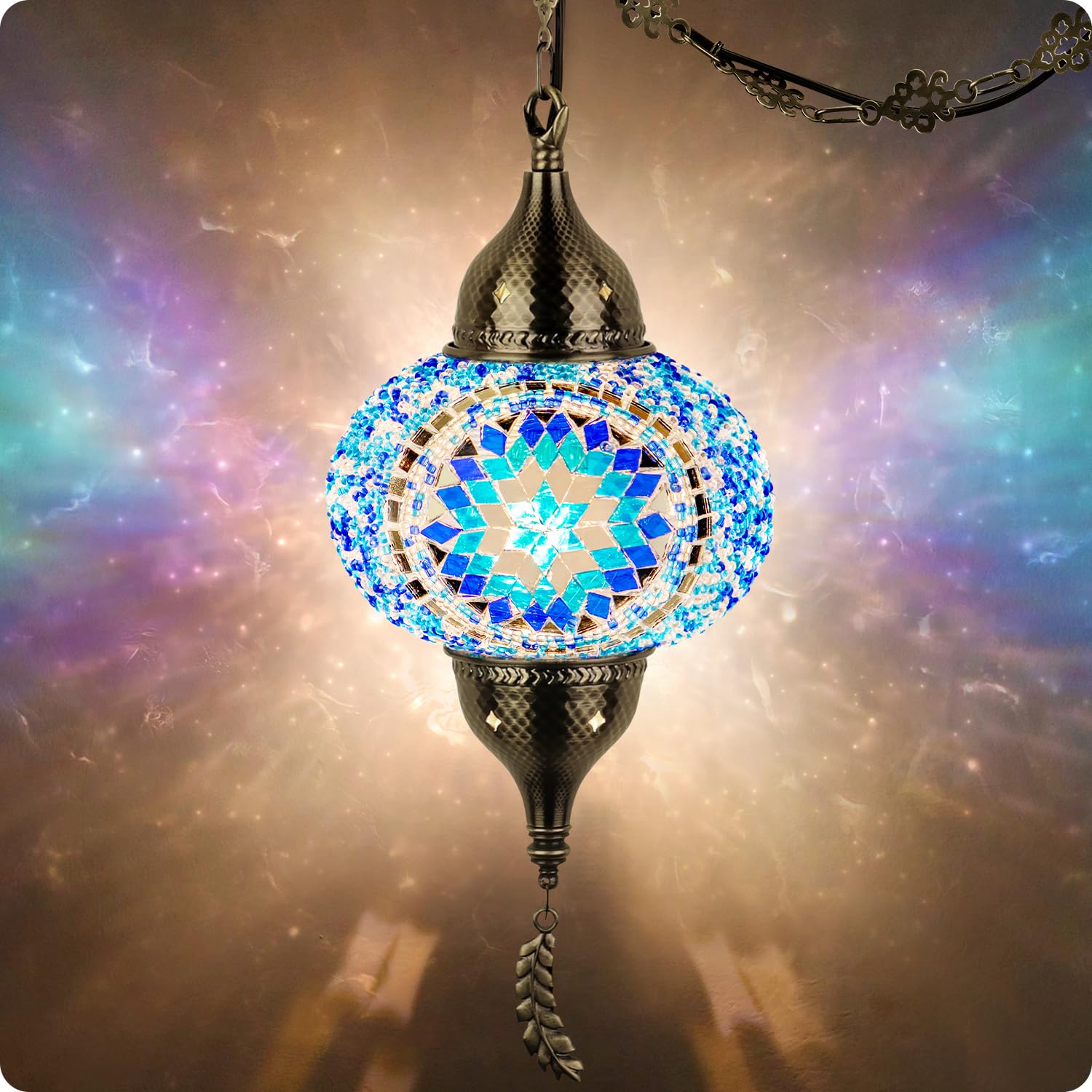 Yarra-Decor Moroccan Pendant Light - Tiffany Style Mosaic Ceiling Lamp With 15-Foot Cord, Blue2