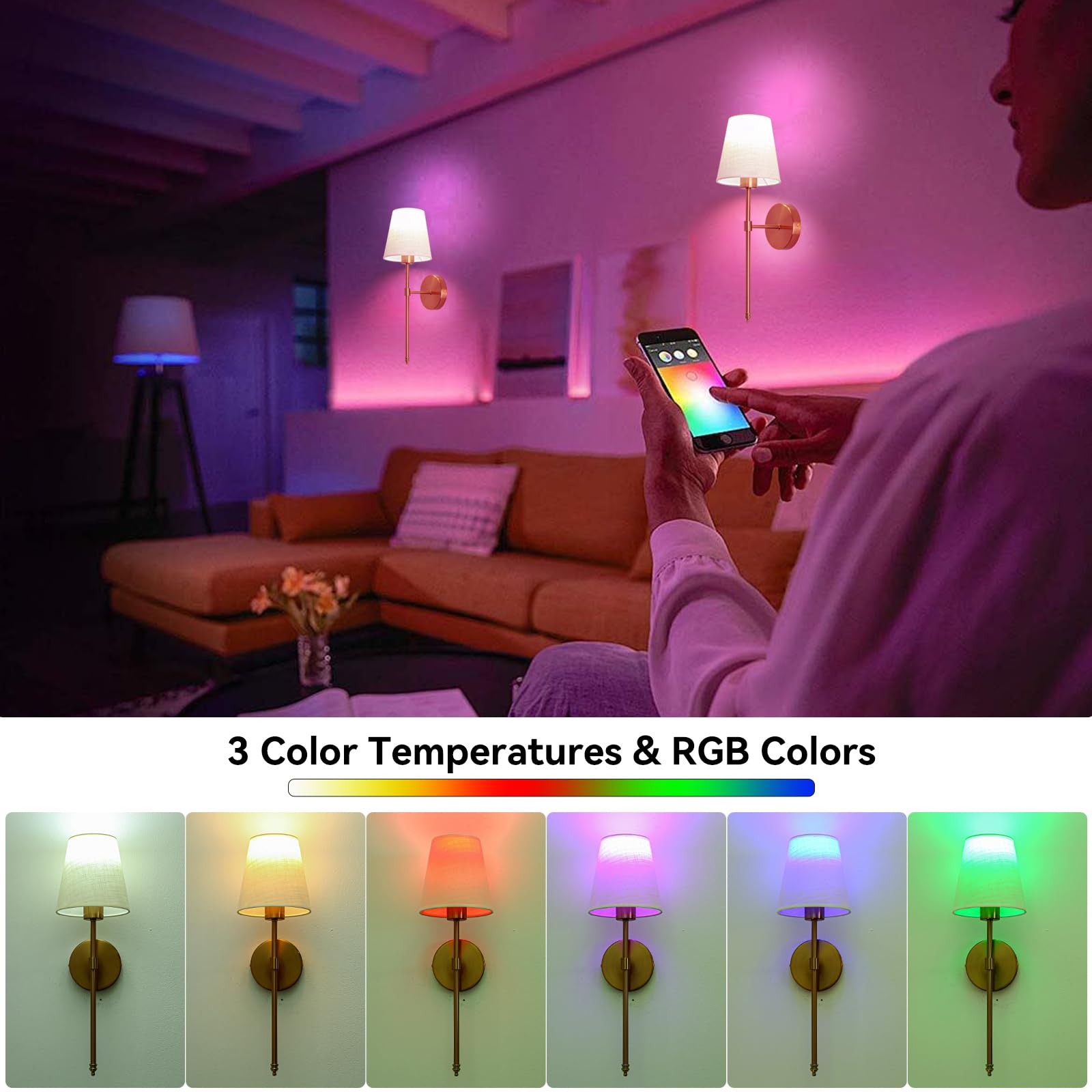 Rizzyluz Battery Operated Wall Sconce Set of 2, Gold, Dimmable, Metal, Model MB-DC16-2 GD, Rechargeable with Remote Control
