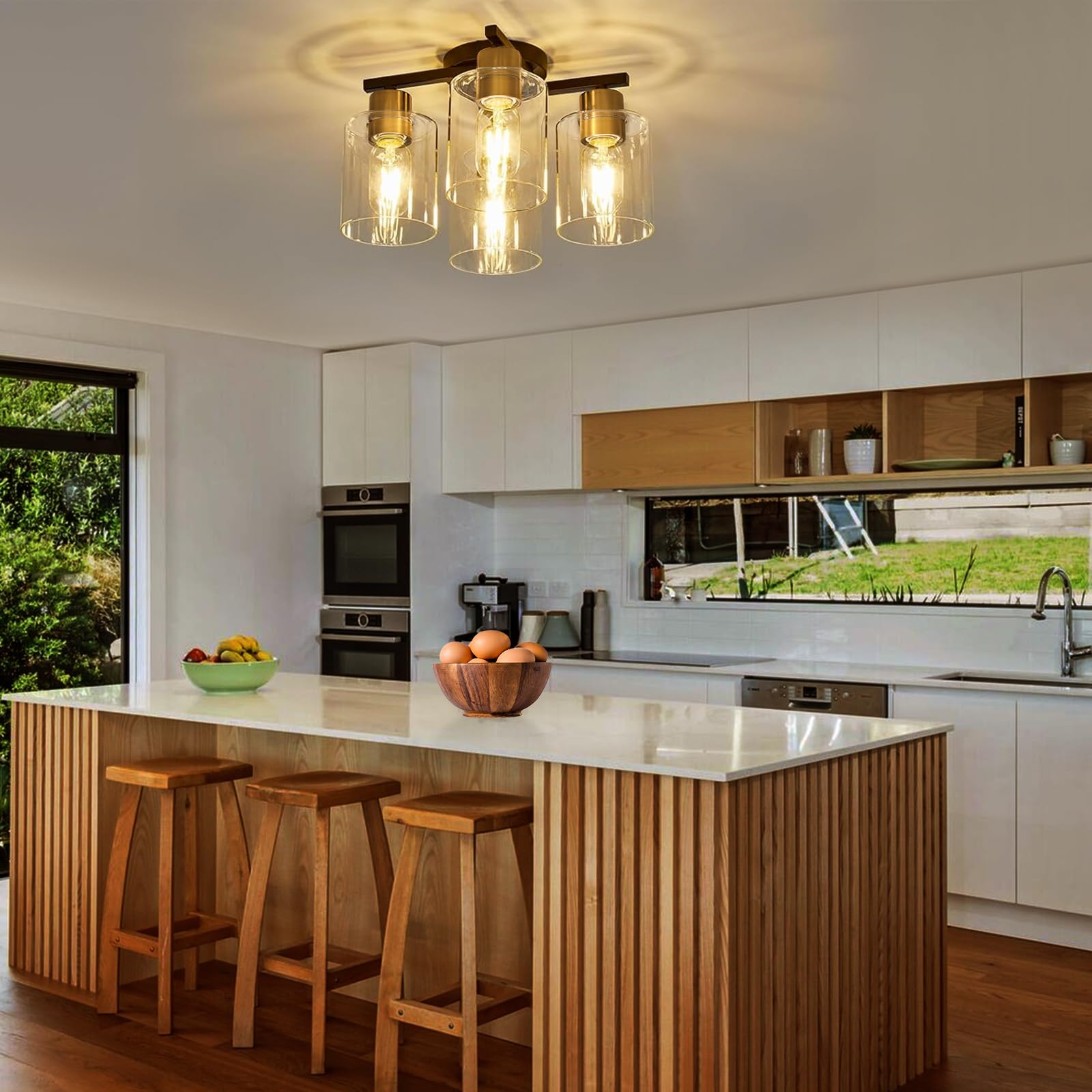 Diduio 4-Light Semi Flush Mount Ceiling Light, Black And Gold Kitchen Lighting Fixtures Ceiling, Farmhouse Ceiling Light With Cl