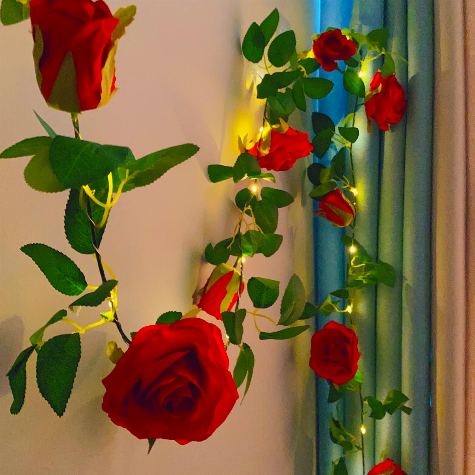Fielegen 20 LED Rose Vine Lights, Red Plastic Garland, 6.56ft with Timer, Model 9Rose-Red for Home Garden Wedding Decor