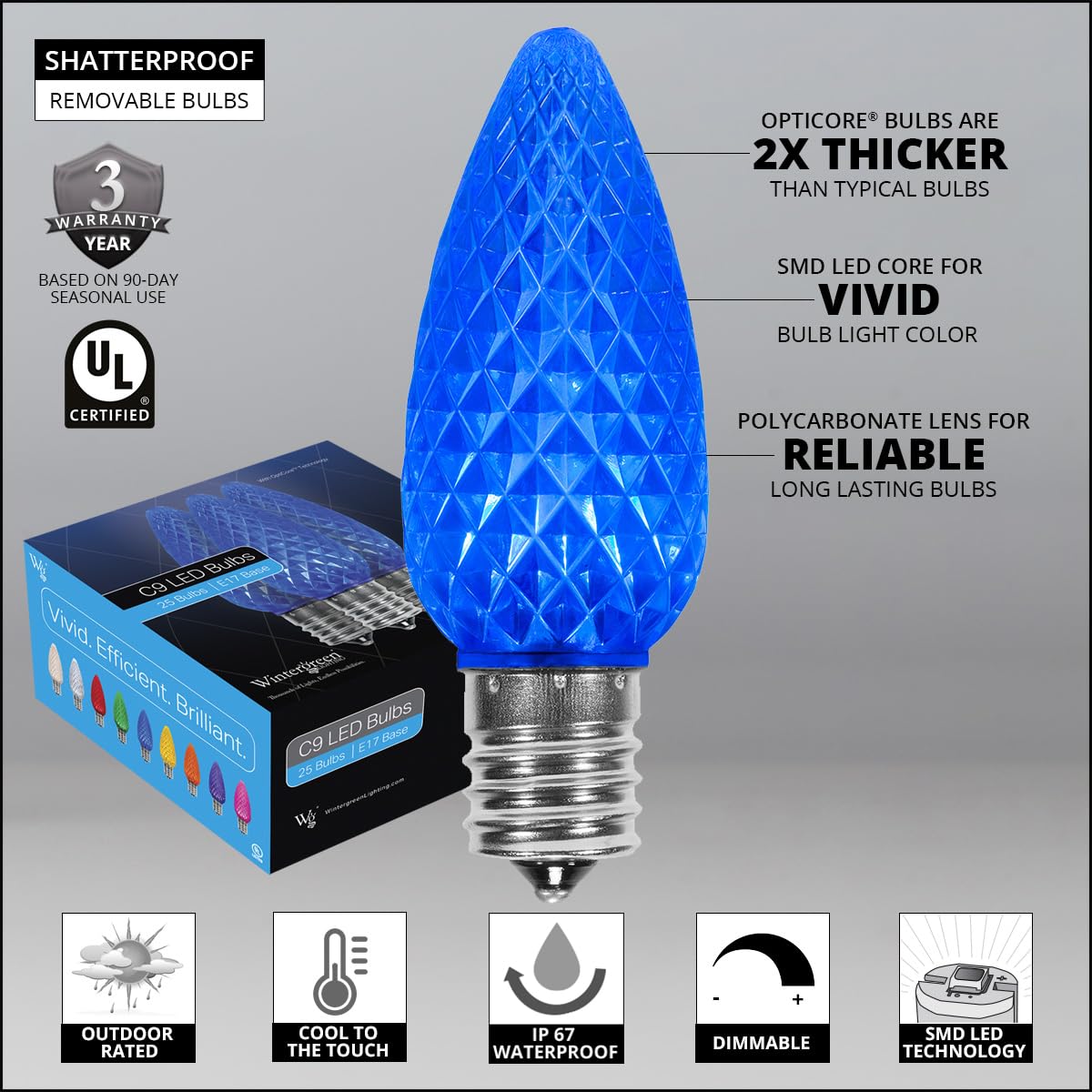 Wintergreen Lighting 25 Pack Opticore C9 Led Blue Light Bulbs - Christmas Bulbs Replacement enhanced Heavy Duty Polycarbonate Lens  E17 Base (Faceted)