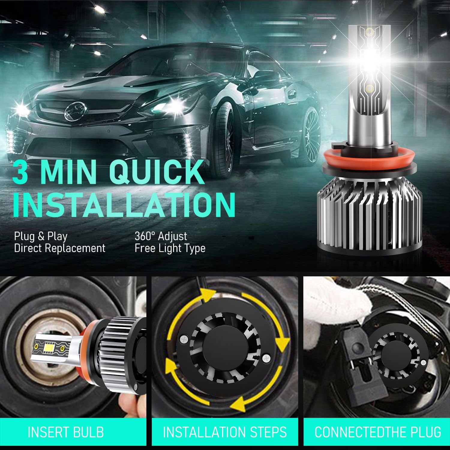 TXBILMOO H1 H11 881 Fog Light Bulbs, 600% Brightness, 6500K White, For Hyundai Elantra 2007-2013, Pack