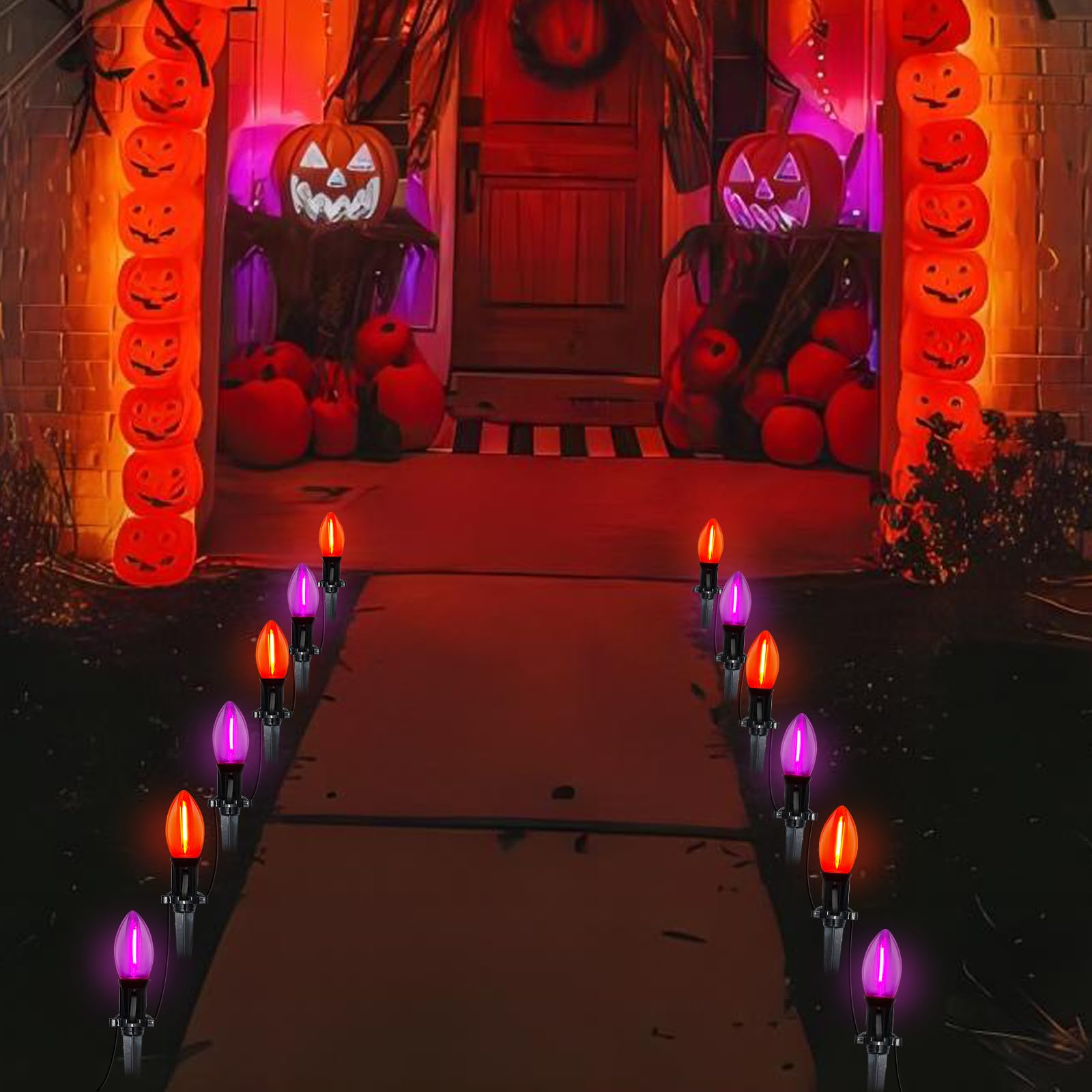 Konictom Halloween Pathway Lights, 10 Pack C9 LED Orange/Purple, 19.5Ft, Outdoor Stake Lights for Garden Yard Decor